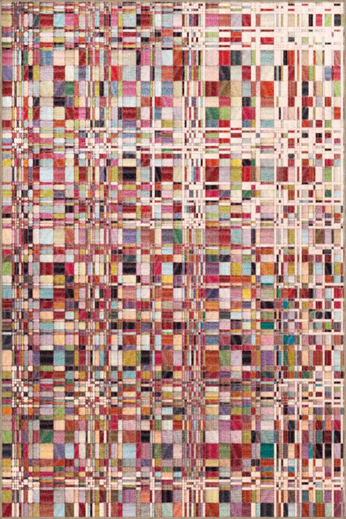 Kareli Karışık Turuncu Tonlarında Pastel Desenli Dekoratif Halı 4075