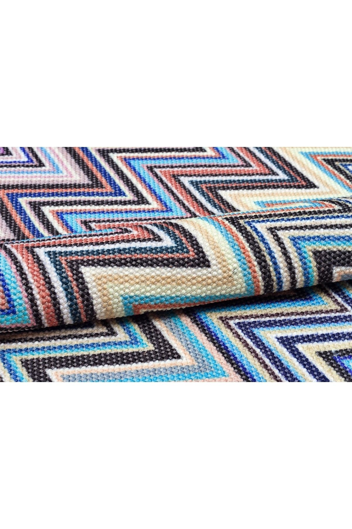 Cotton Zigzag Desenli Çok Renkli Kilim 541