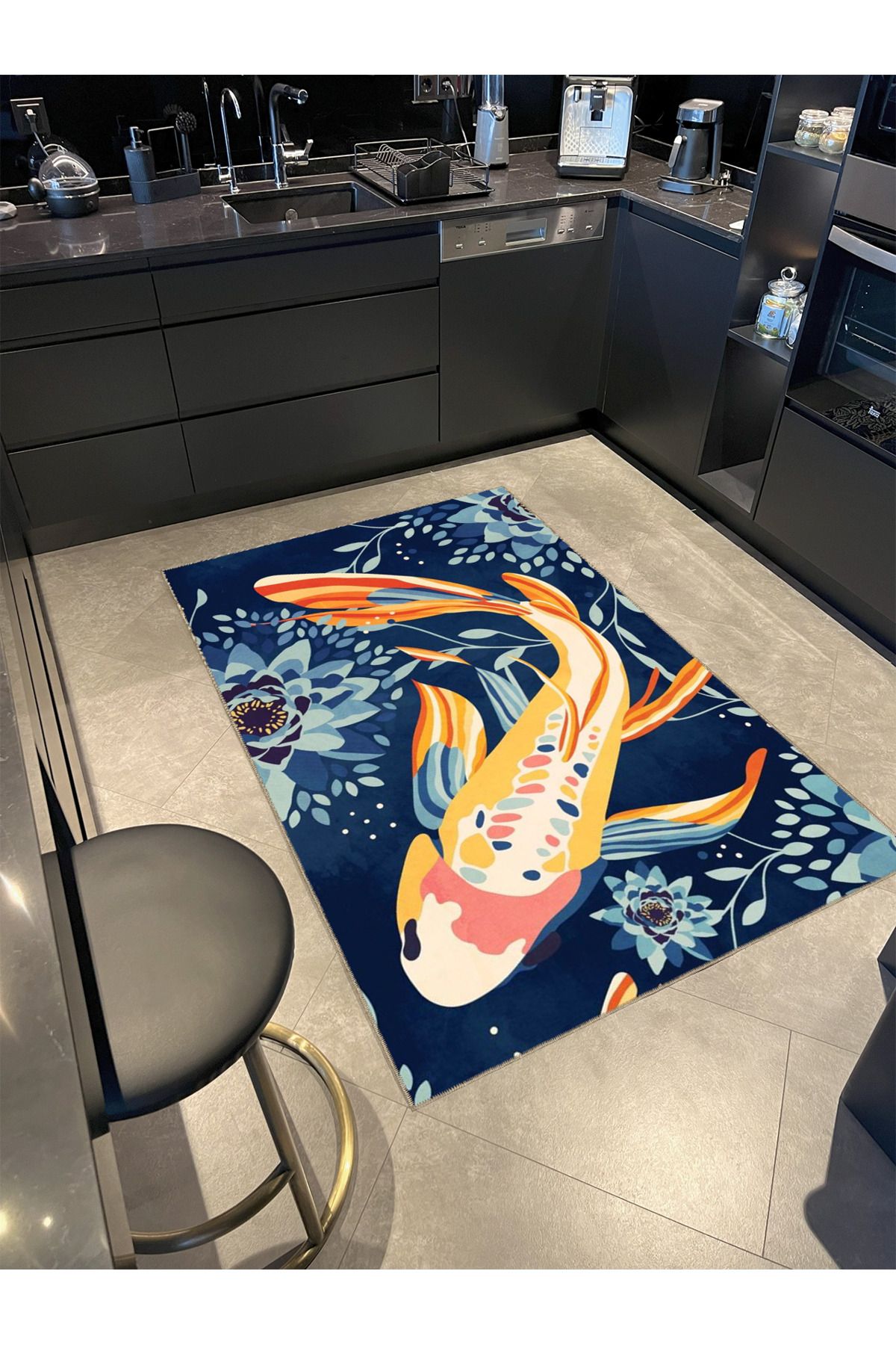 Lacivert Temalı Gül ve Koi Balığı Desenli Kreatif Modern Dekoratif Halı 5068