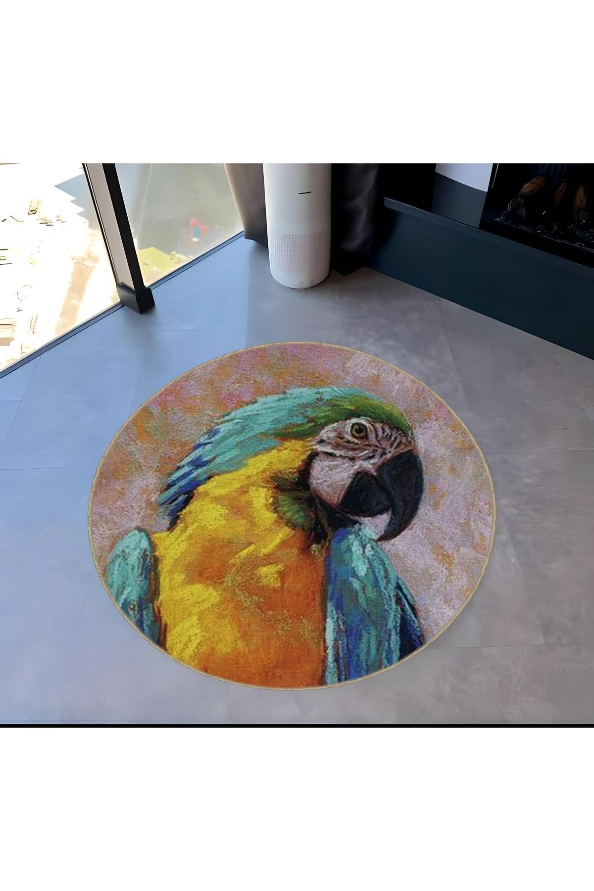 Animal Koleksiyonu Yuvarlak Sarı Mavi Papağan Desenli Dokuma Taban Yıkanabilir Halı animal15