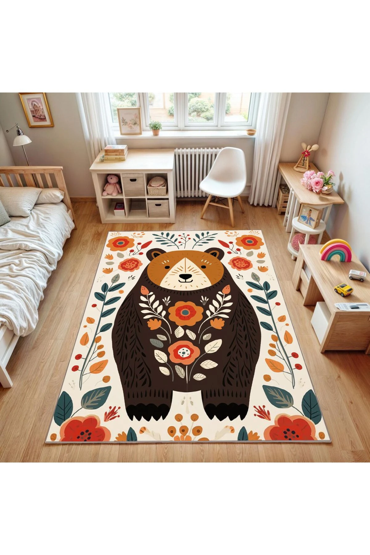 Özge Koleksiyonu Renkli Yaprak ve Çiçekli Sevimli Ayı Desenli Dokuma Taban Dekoratif Halı özge14