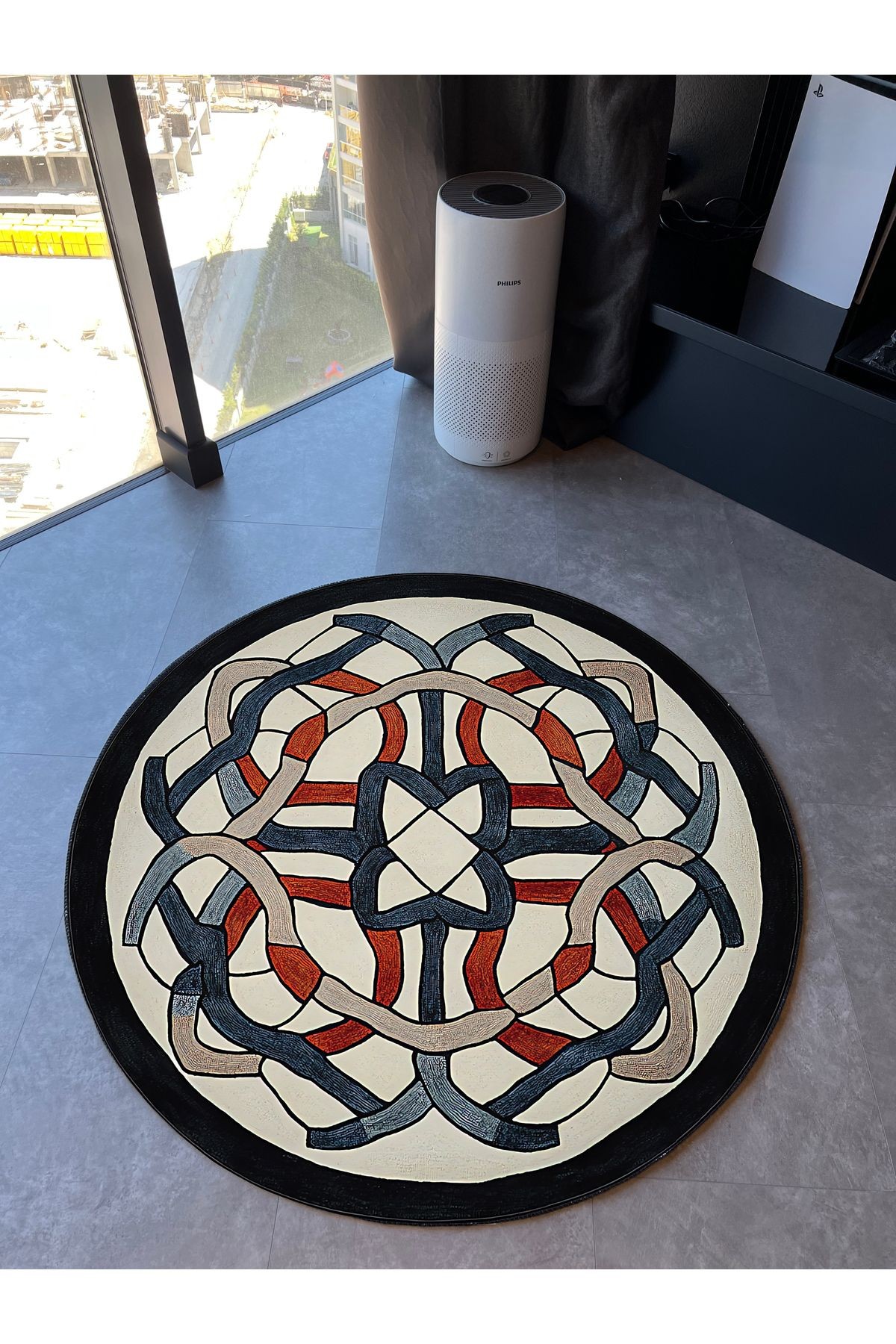 Bliss Kırmızı Mavi Geometrik Monogram Modern Dokuma Taban Dekoratif Yuvarlak Halı 932