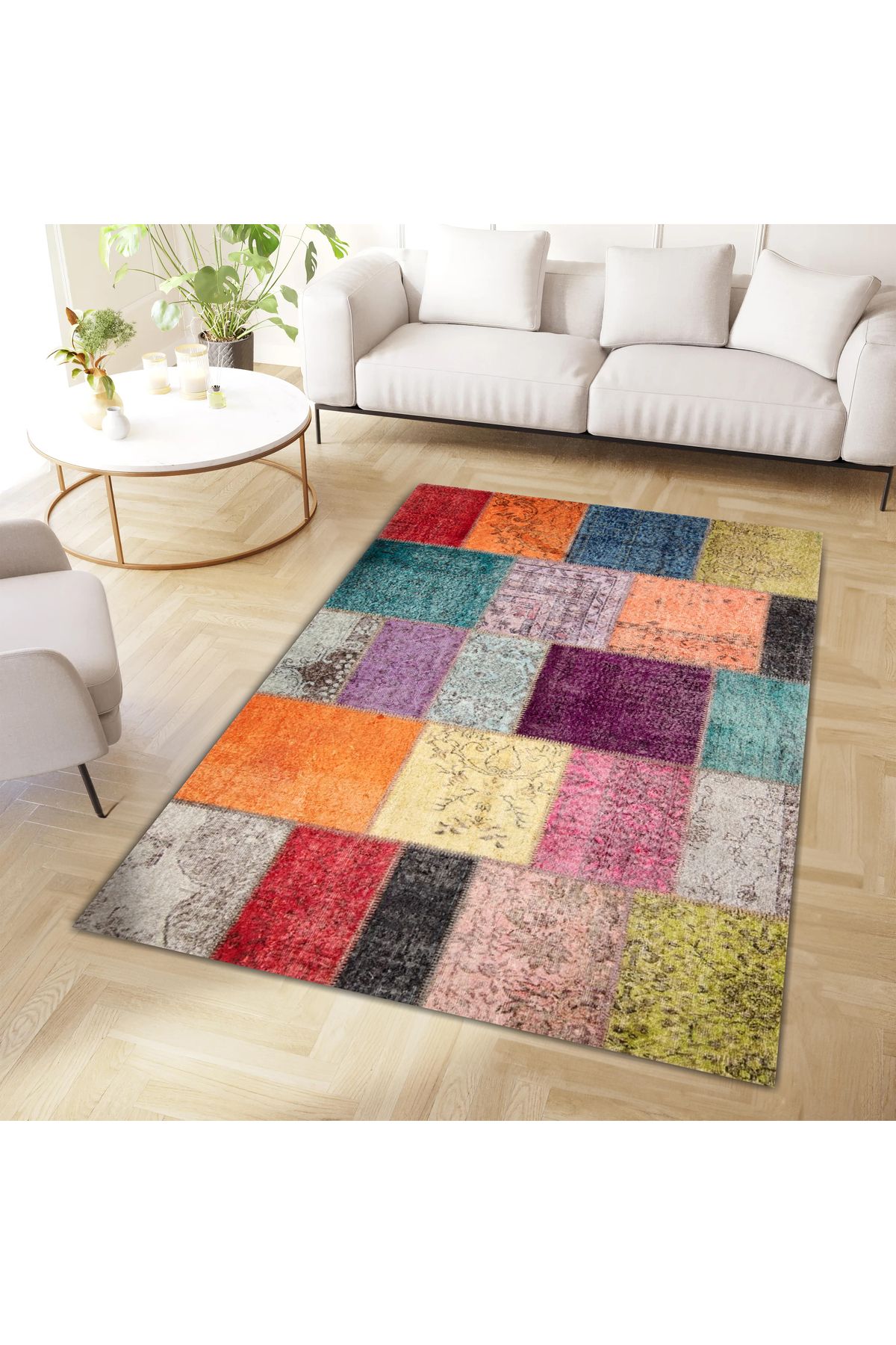 Cansu Koleksiyonu Patchwork Görünümlü Çok Renkli Dokuma Taban Modern Dekoratif Halı cansu10