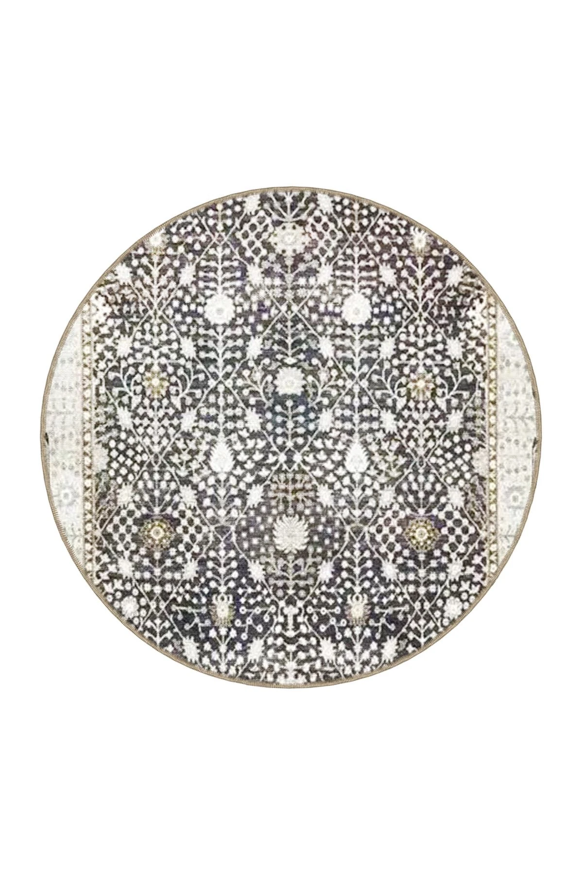 Siyah Bej Temalı Motifli Etnik Çiçek Desenli Vintage Dekoratif Halı 3497