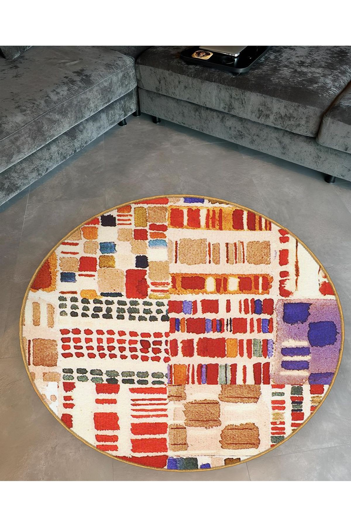 Çok Renkli Karma Geometrik Desenli Yuvarlak Dokuma Taban Modern Dekoratif Halı 6084