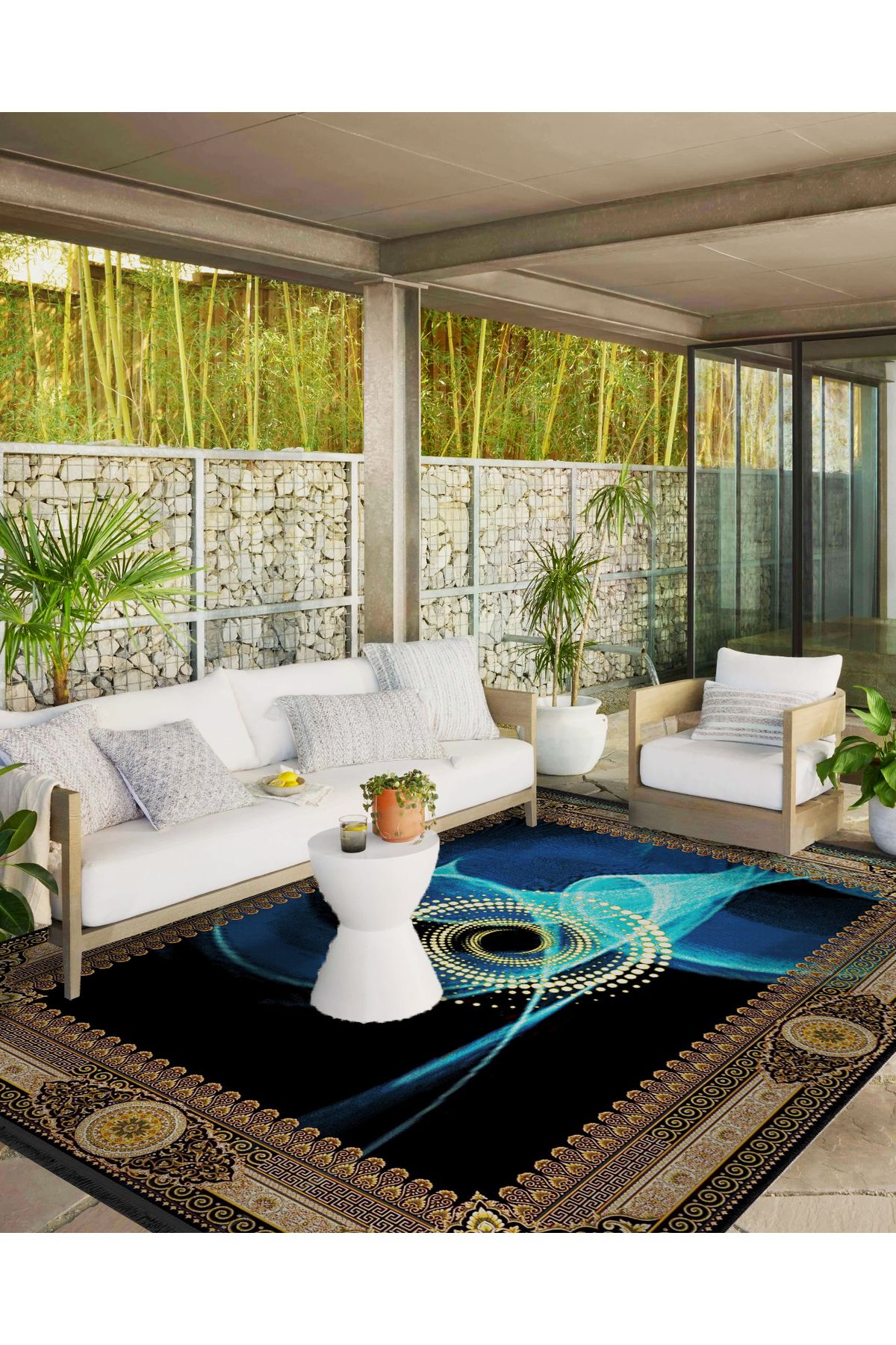 Sarı Bordür Detaylı Desenli Lacivert Mavi Şekilli Antik Tasarım Serisi Dekoratif Halı antik163