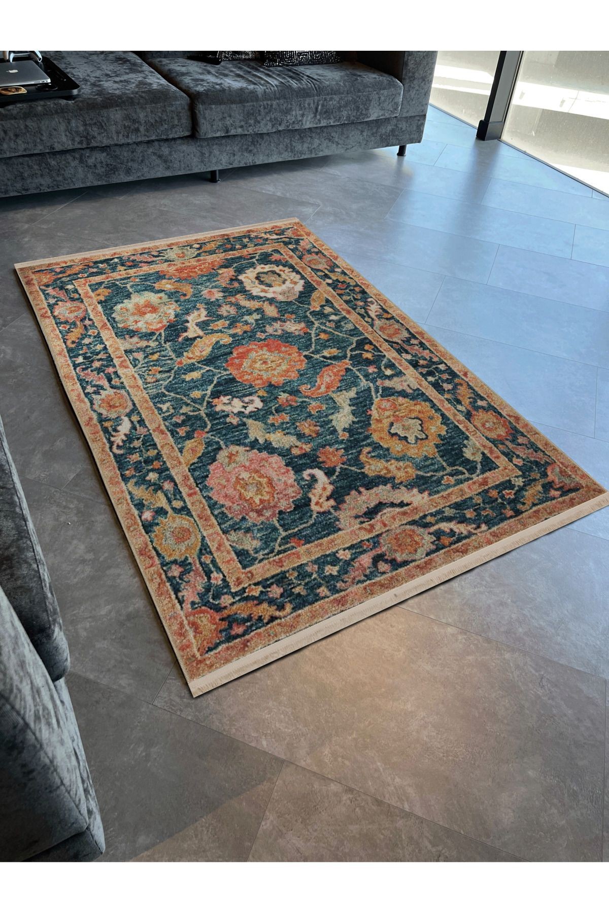 Çok Renkli Motifli Etnik Çiçek Desenli Kreatif Vintage Dekoratif Halı 2618