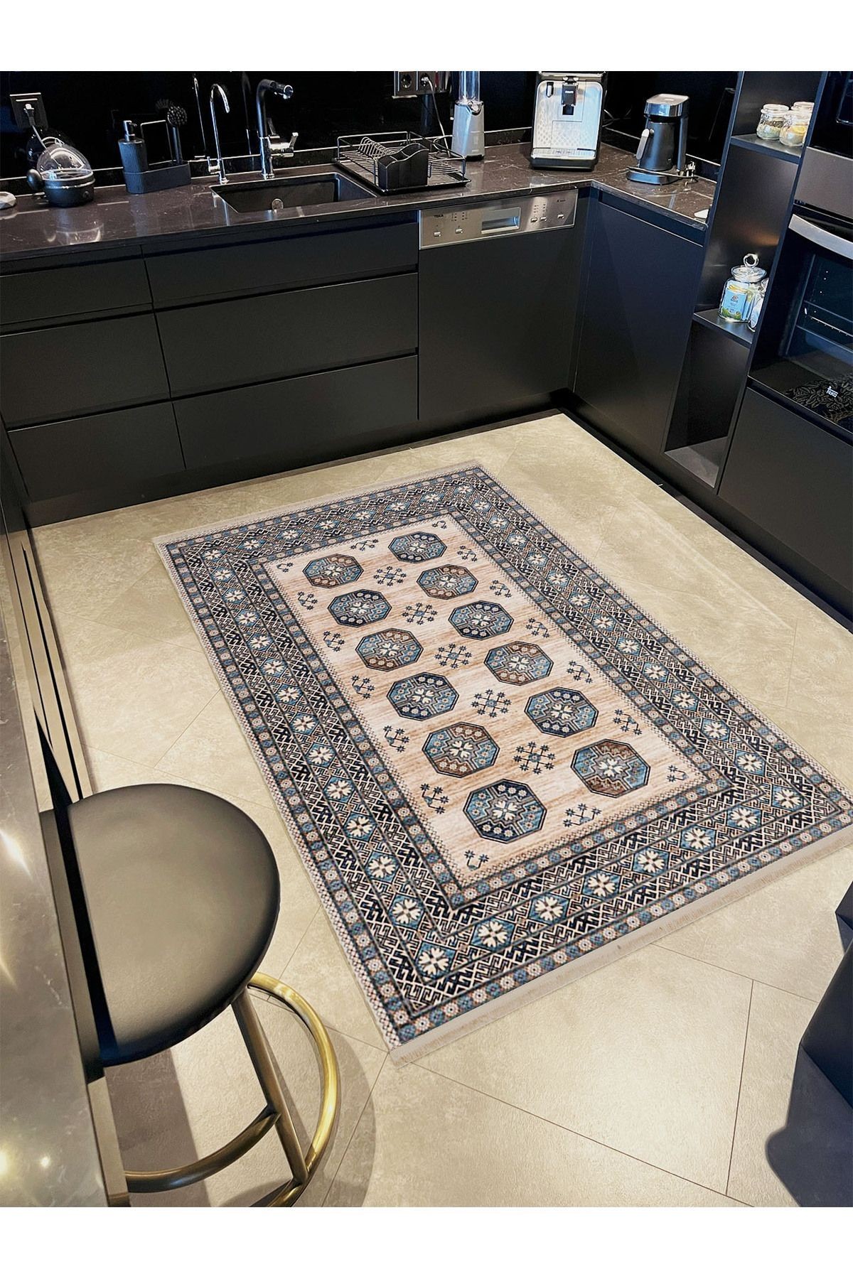 Alya Koleksiyonu Mavi Bej Tonlarda Geleneksel Desenli Dokuma Taban Modern Dekoratif Halı alya24