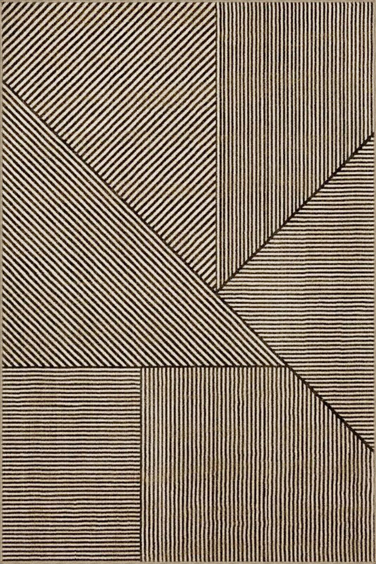 Siyah Gri Temalı Çizgi Şerit Desenli Kreatif Modern Dekoratif Halı 3914