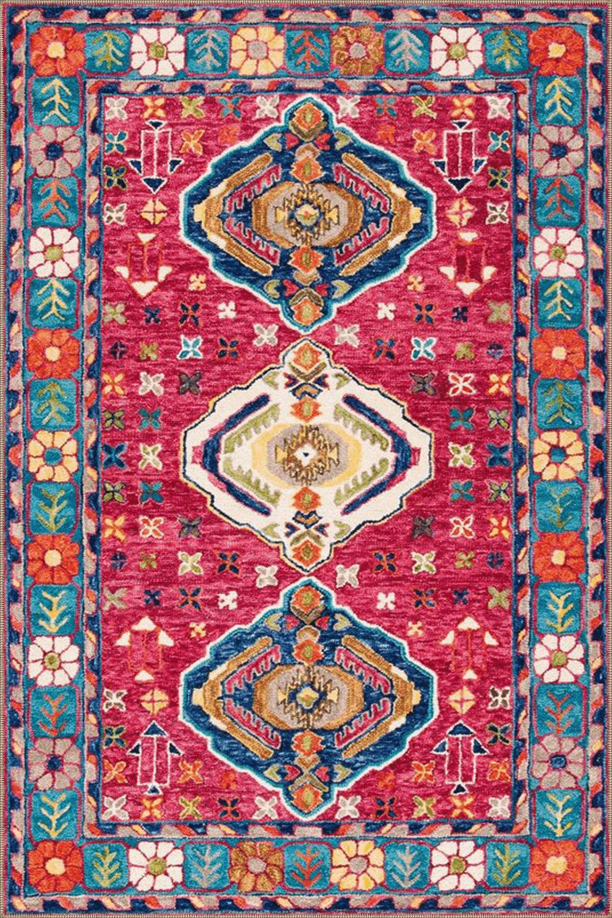 Koyu Pembe Mavi Temalı Geleneksel Motif Desenli Vintage Dekoratif Halı 3593