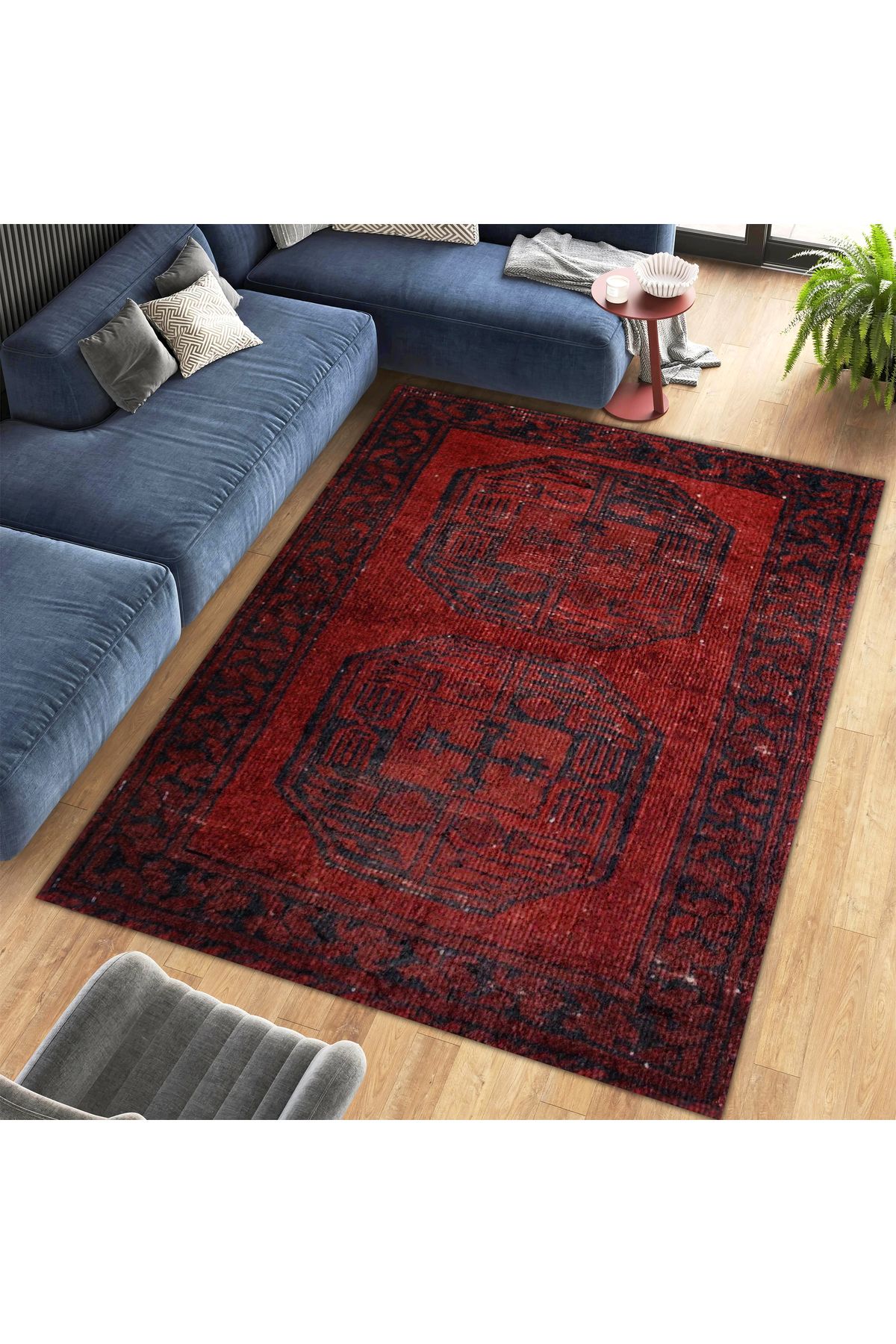 Asena Koleksiyonu Kırmızı Temalı Geleneksel Motif Desenli Vintage Dekoratif Halı 05