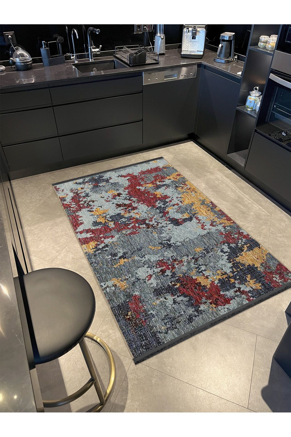 Çok Renkli Abstract Soyut Desenli Saçaklı Modern Dekoratif Halı 4602