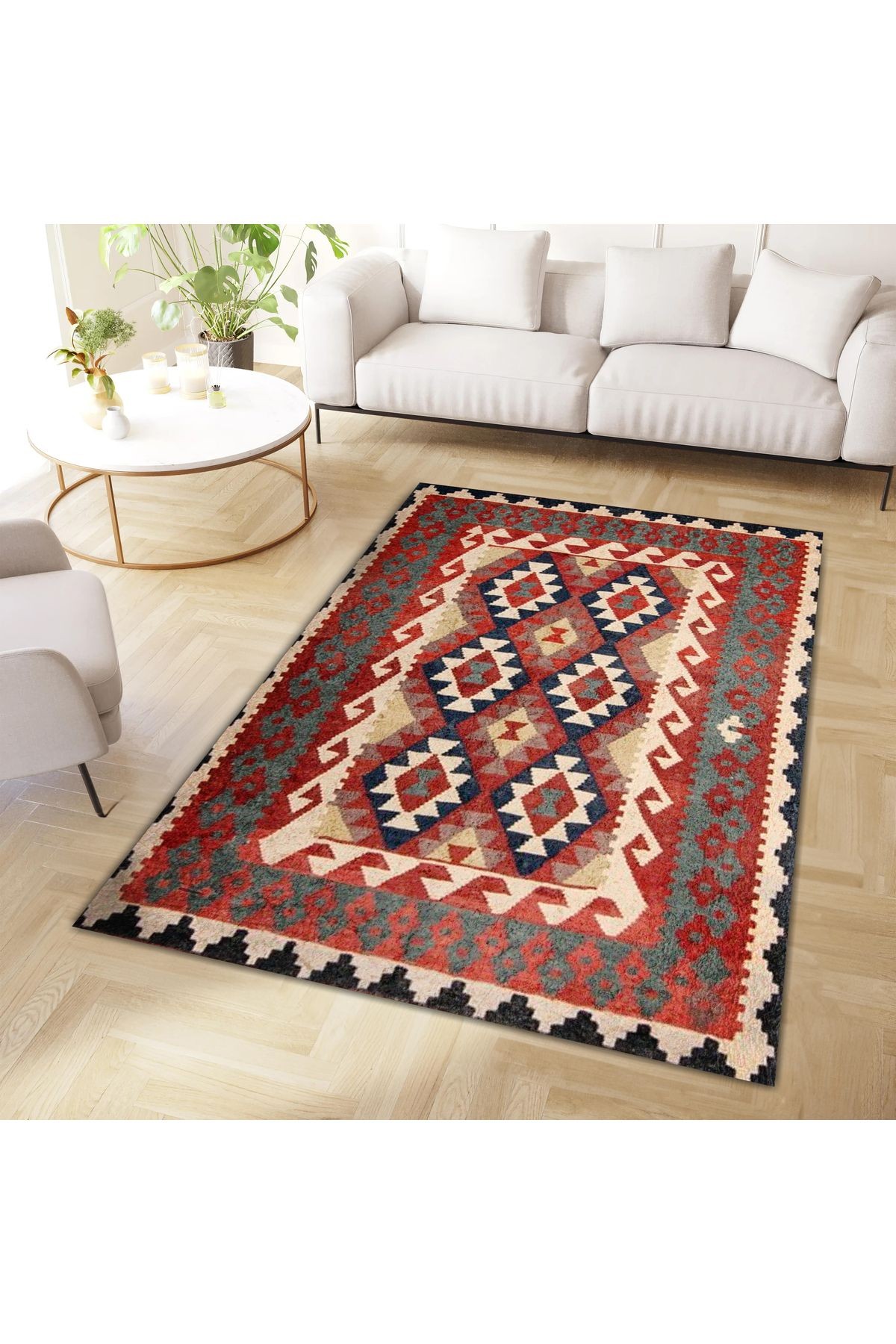 Aysu Koleksiyonu Yeşil Turuncu Detaylı Etnik Desenli Dokuma Taban Modern Dekoratif Halı aysu18