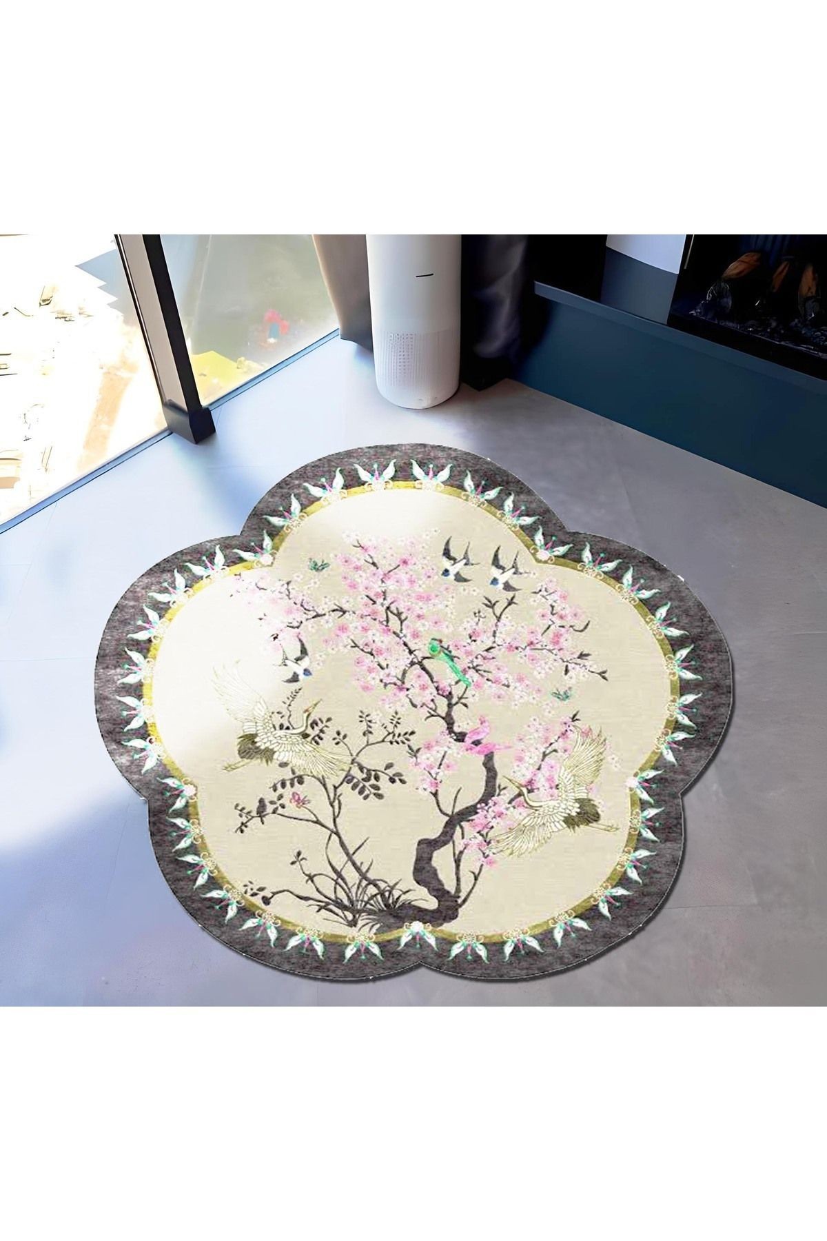 Güneş Koleksiyonu Sakura Çiçeği Desenli Yuvarlak Dokuma Taban Modern Dekoratif Halı günes32