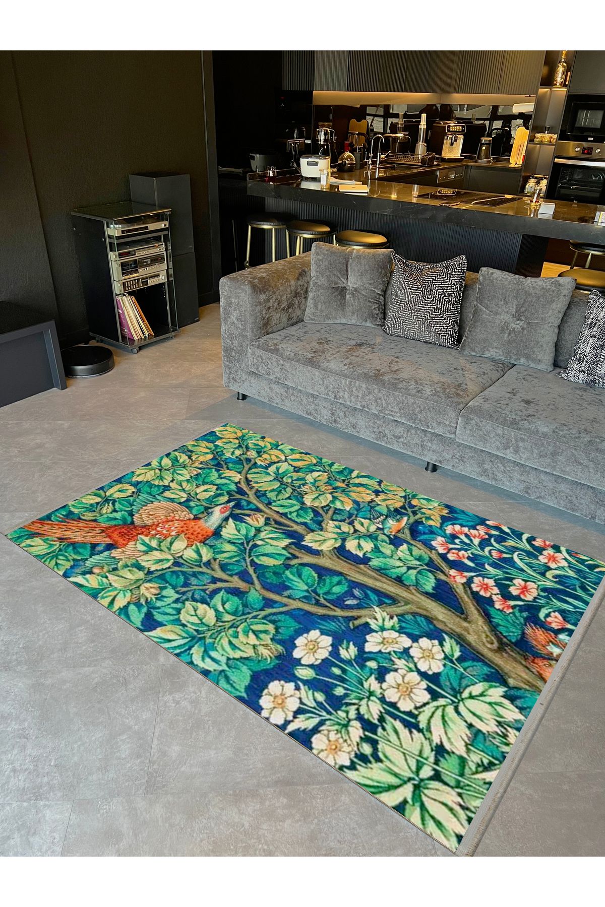 Özge Koleksiyonu Yeşil Doğa Temalı Kuş ve Çiçekler Detaylı Dokuma Taban Modern Dekoratif Halı özge08
