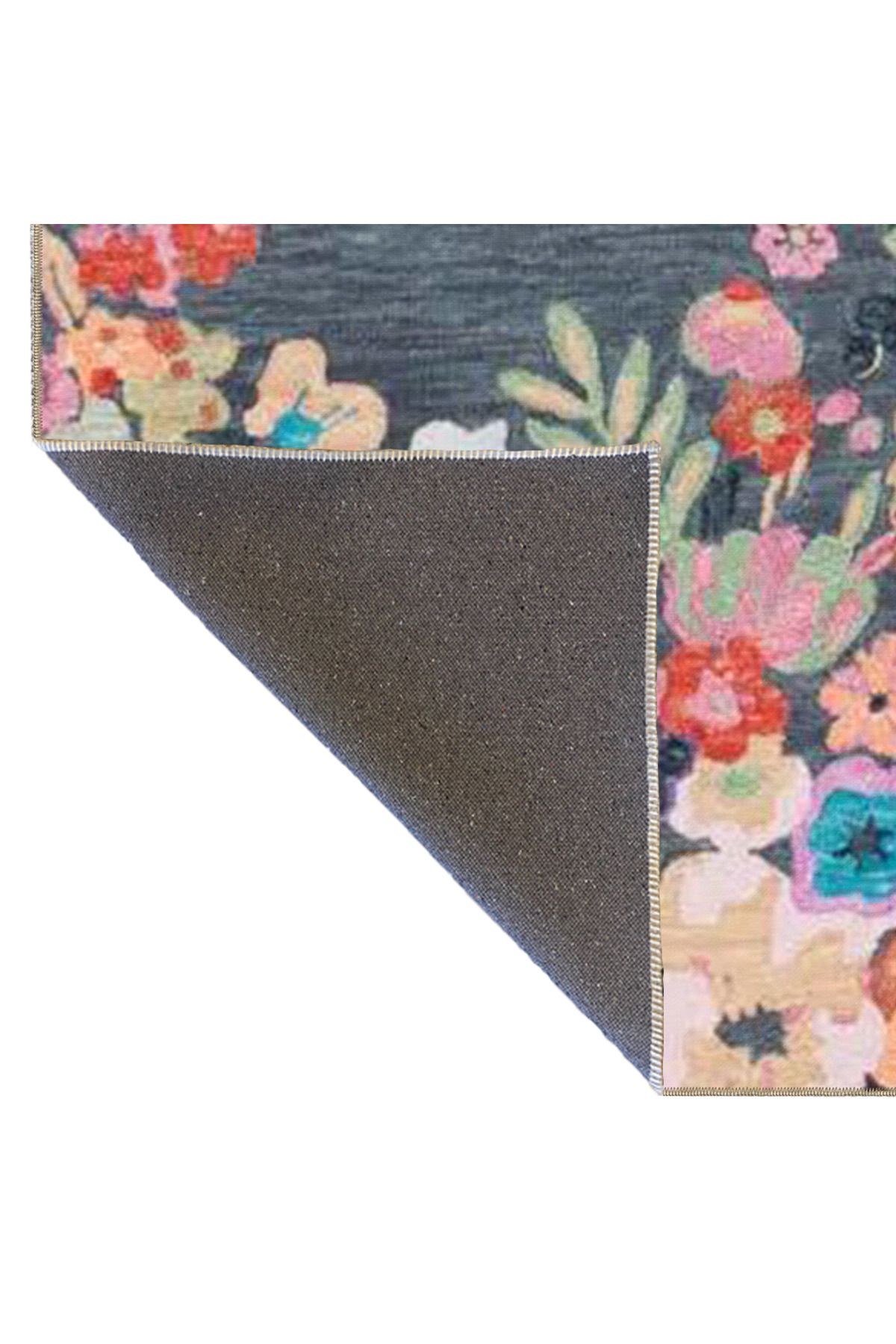 Gri Tonlarda Sarmaşık Çiçekli Pastel Boyalı Dokuma Taban Yıkanabilir Halı miravip8339