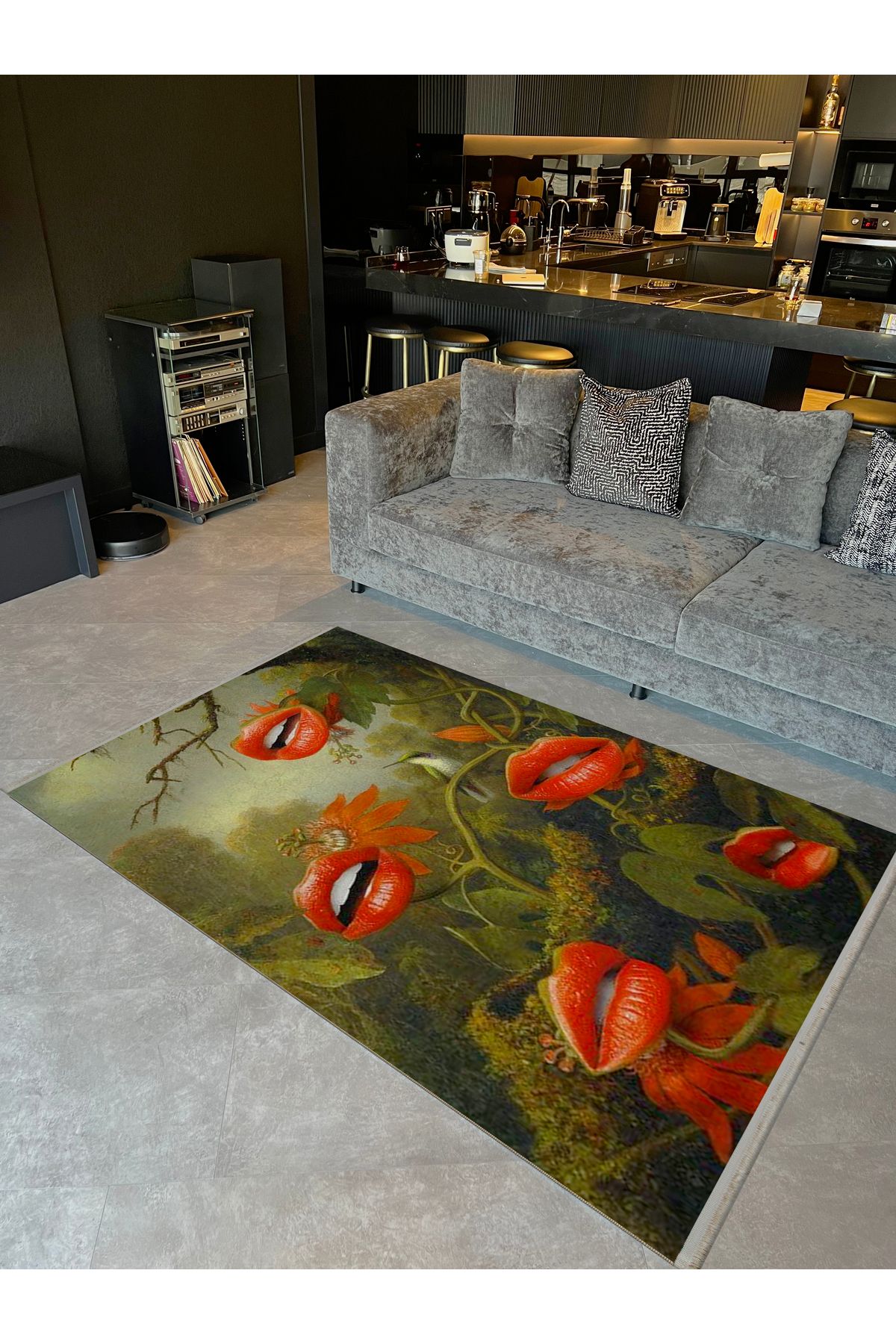 Yılmaz Koleksiyonu Yeşil ve Kırmızı Tonlar Dudak Çiçekleri ve Kuş Desenli Modern Dekoratif Halı 05