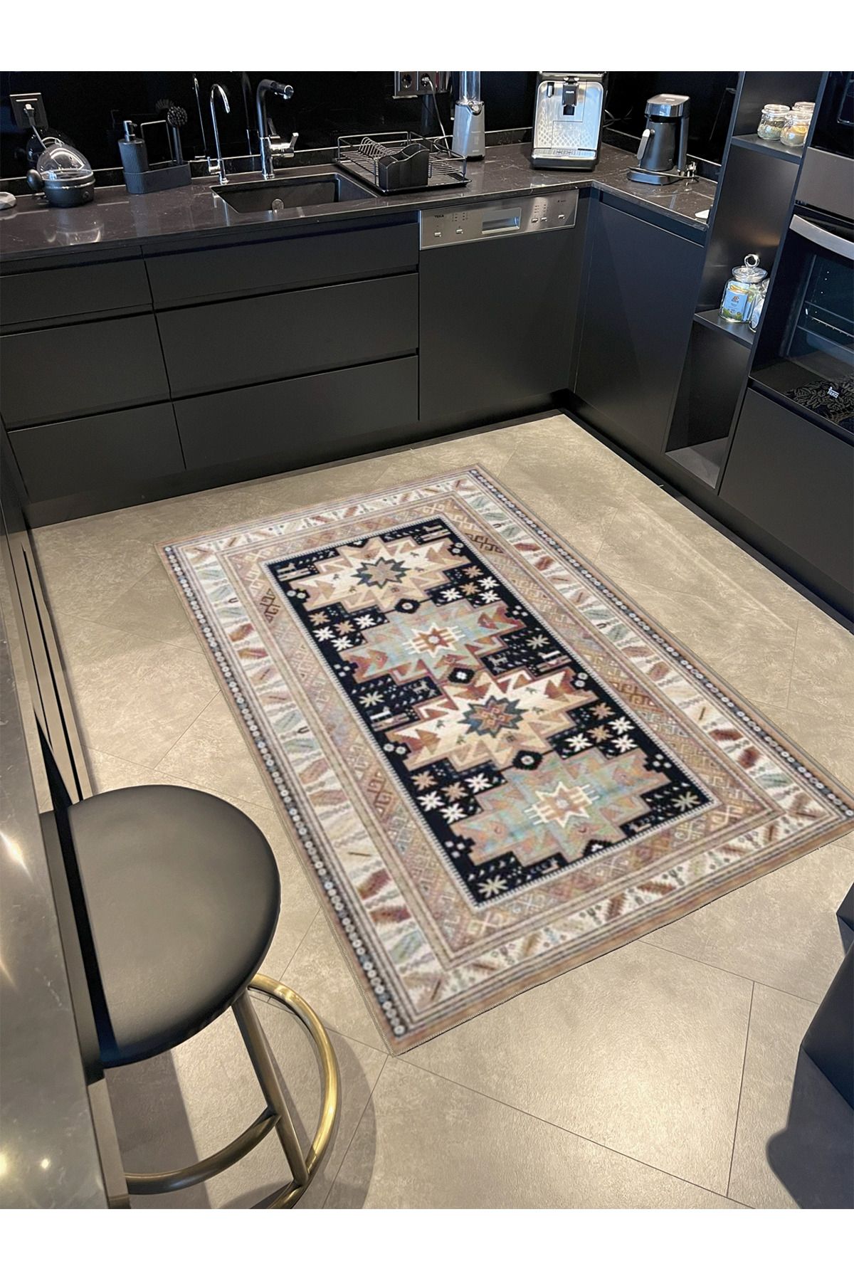 Krem Geometrik Modern Yıkanabilir Pamuklu Dekoratif Halı miravip8168