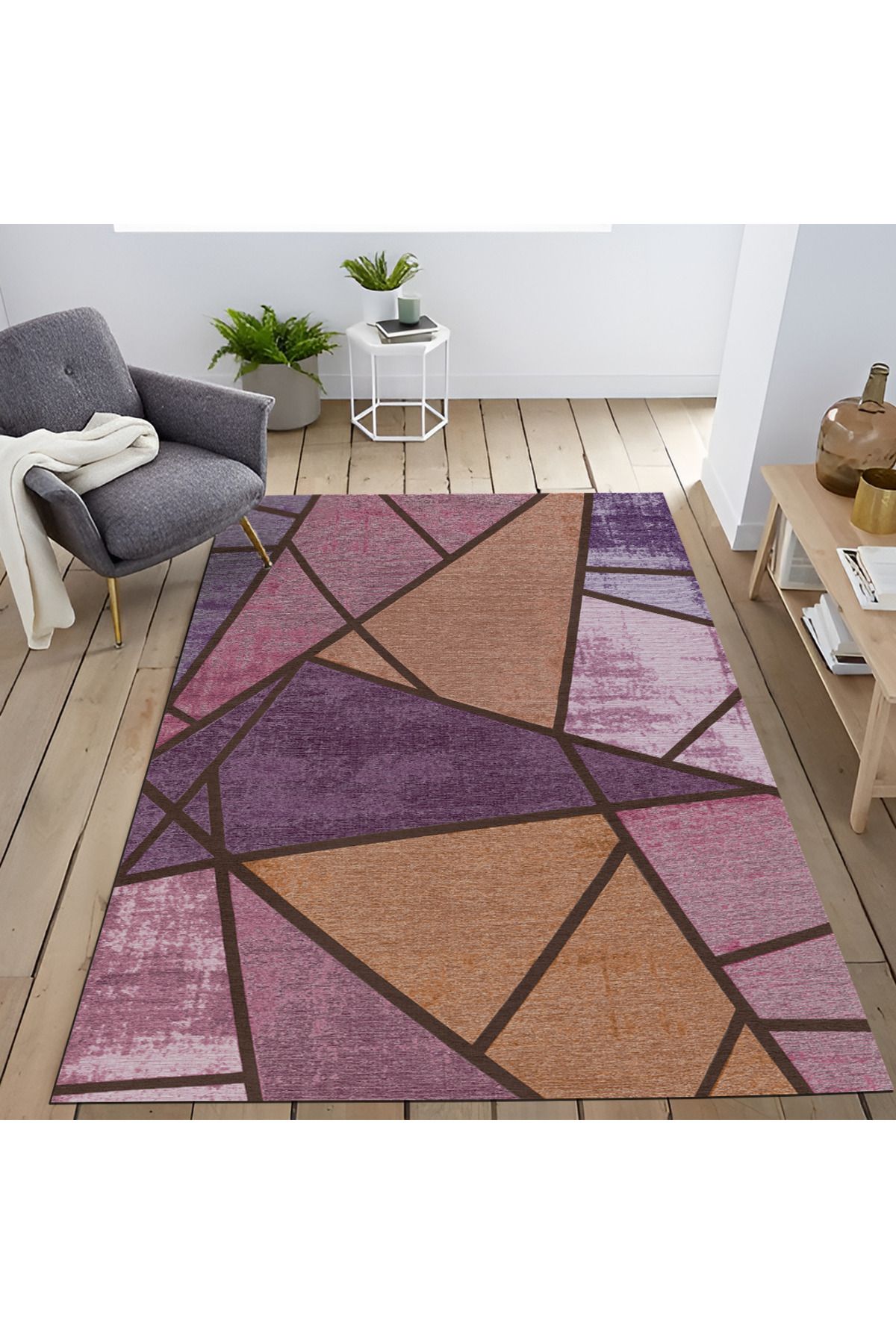 Mira Mor Turuncu Ton Geometrik Üçgen Desenli Modern Dekoratif Halı Mira 1568