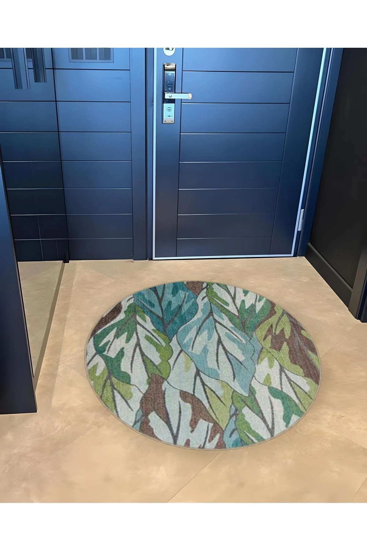 Mira Yuvarlak Yeşil Mavi Yapraklar Dokuma Taban Modern Dekoratif Halı 5572