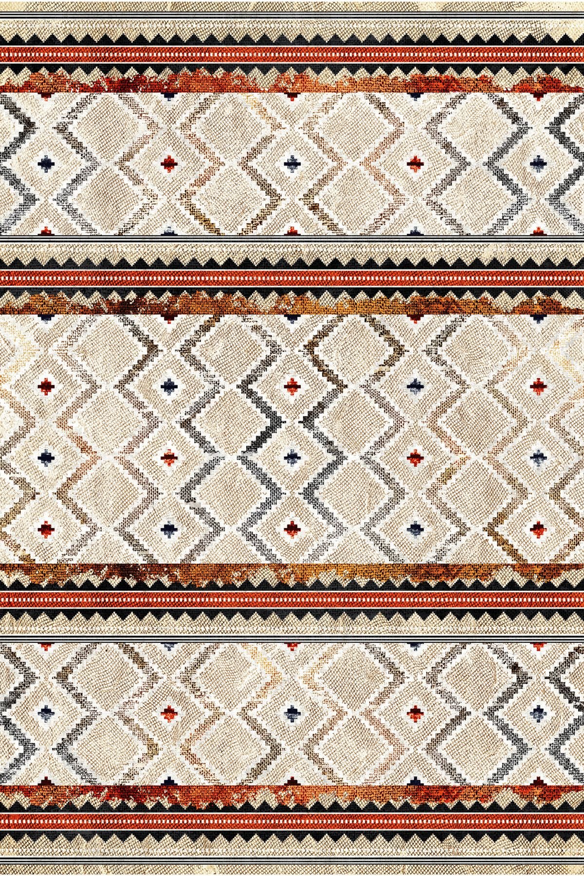Mira Bej Temalı Geometrik Şekil Desenli Modern Dekoratif Halı Mira 1630