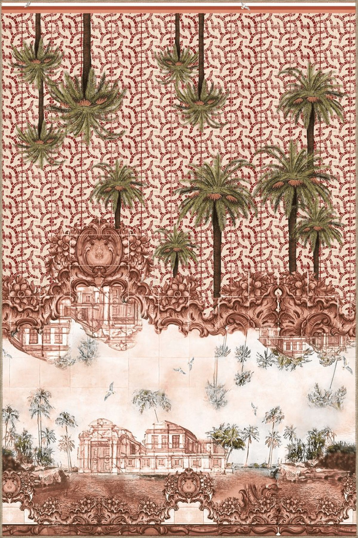 Bej Temalı Antik Kasaba Tasarım Ağaç ve Bina Desenli Vintage Dekoratif Halı 5076