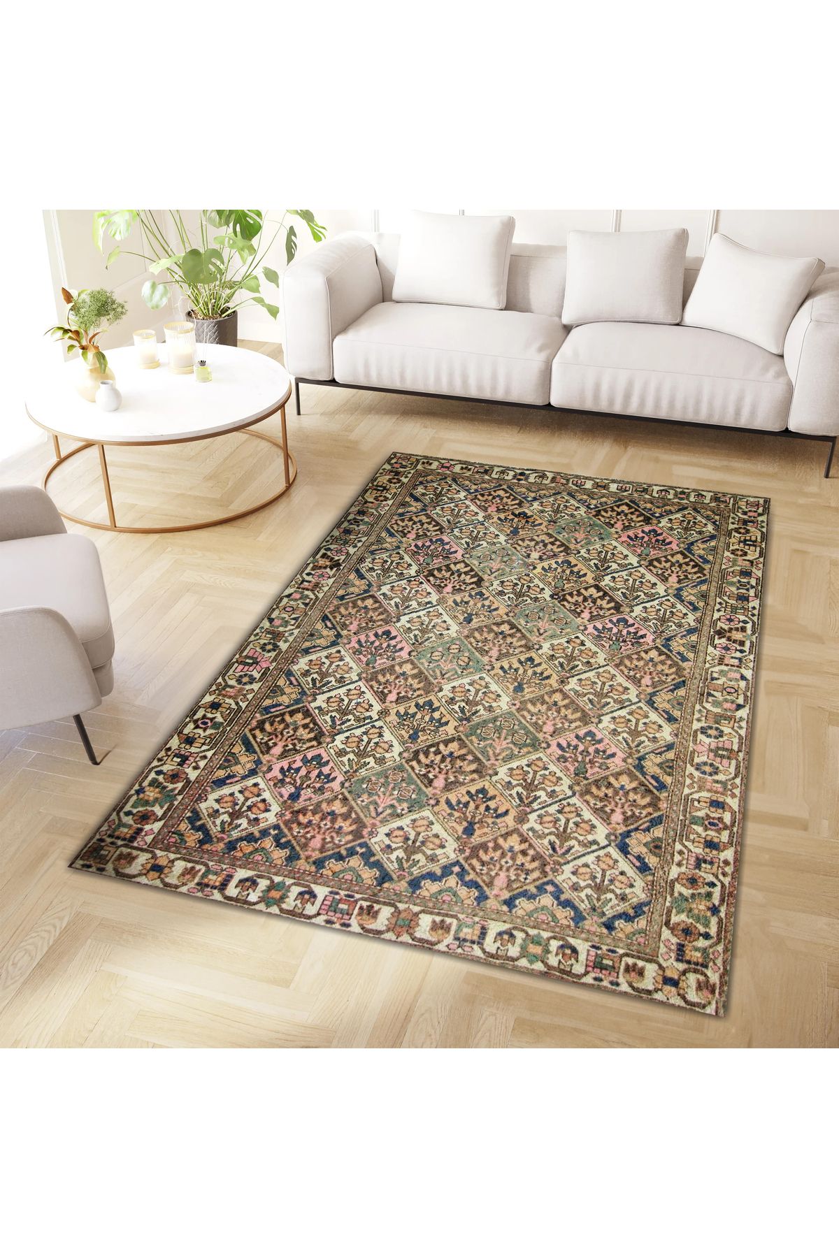 Mete Koleksiyonu Çok Renkli Etnik Çiçek Motifleri Desenli Vintage Dekoratif Halı 07