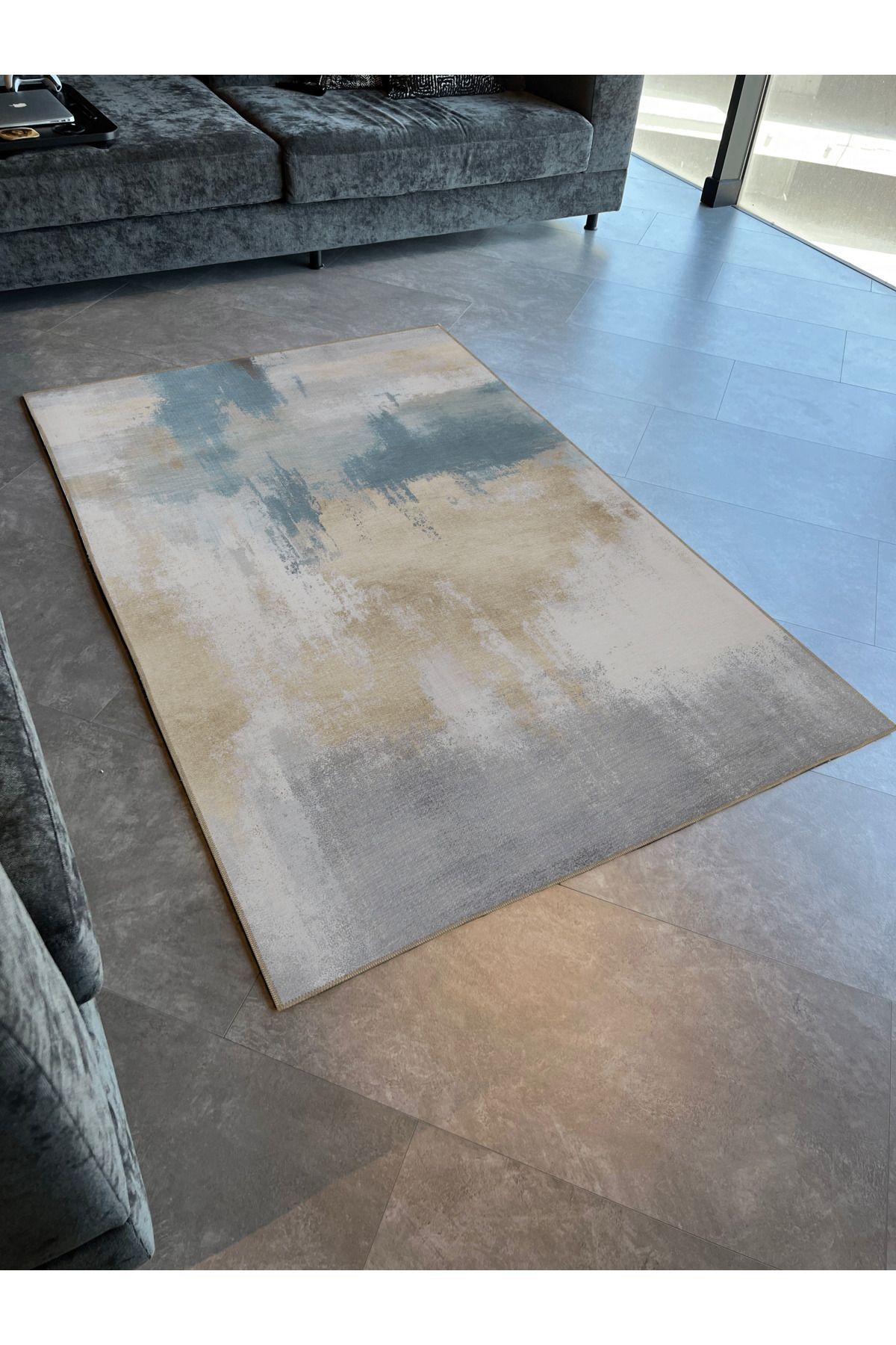 SDNEY Mavi Bej Temalı Pudra Soyut Desenli Kreatif Modern Dekoratif Halı 2203