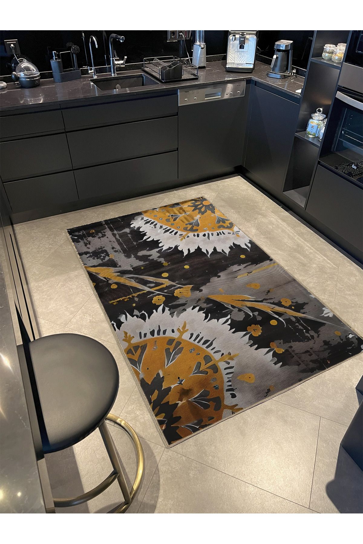 Gri Sarı Tema Soyut Karma Şekilli Desenli Kreatif Modern Dekoratif Halı 5140