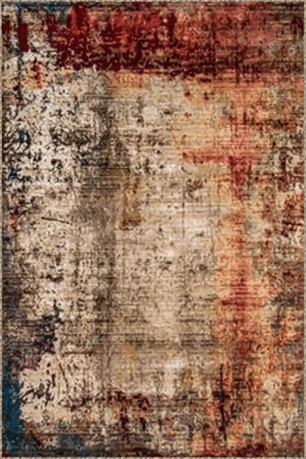 Bej Ton Çok Renkli Soyut Etnik Desenli Modern Dekoratif Halı 3526