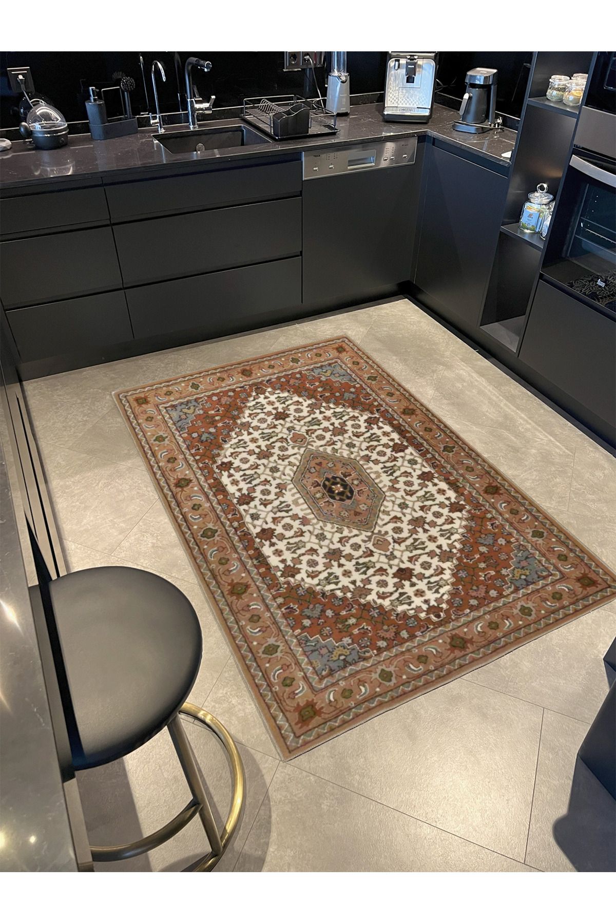 Hasır Renklerde Geometrik Etnik Desenli Dekoratif Halı miravip877