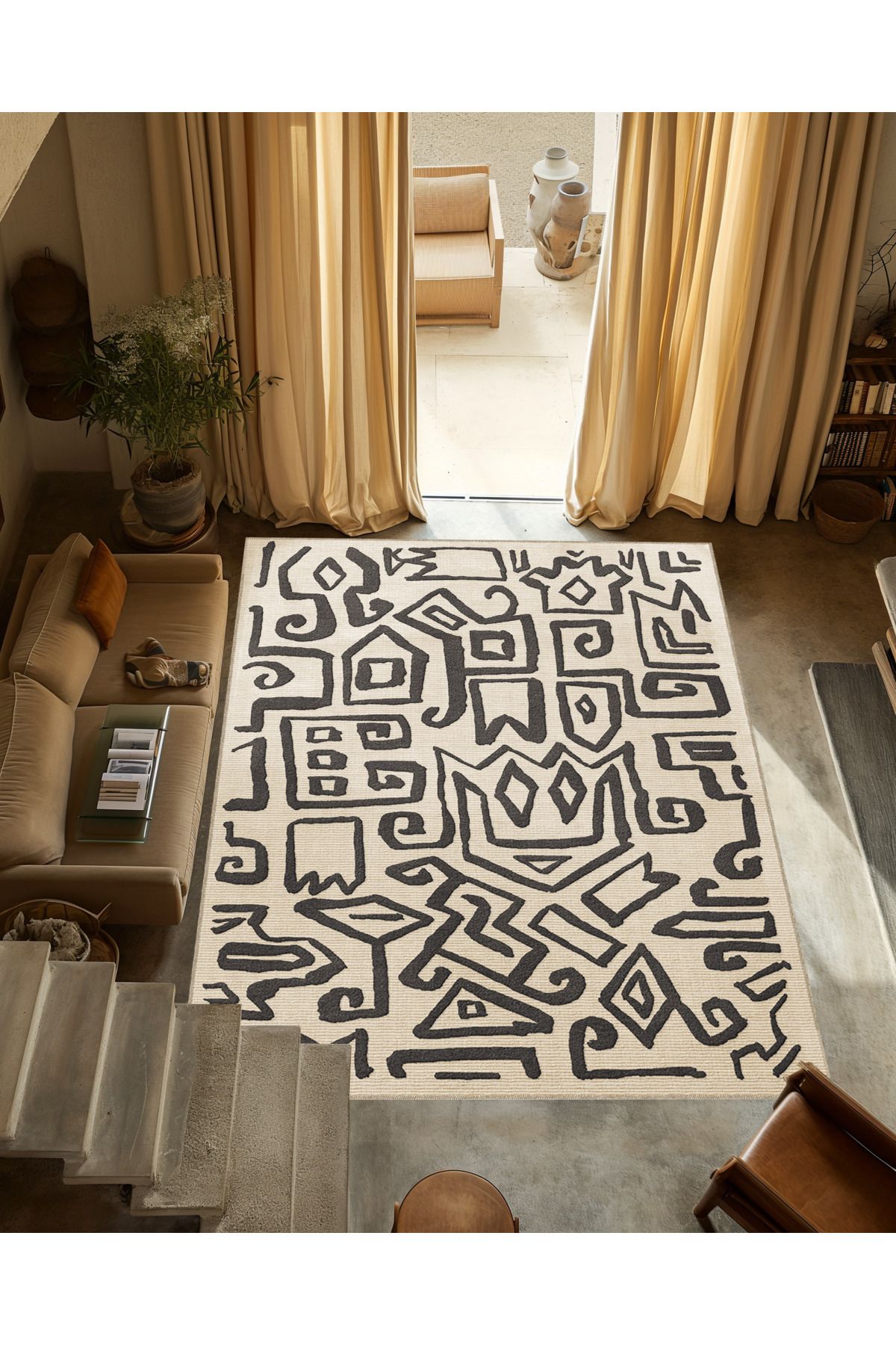 Siyah Bej Temalı Soyut Figür Desenli Kreatif Modern Dekoratif Halı 3352