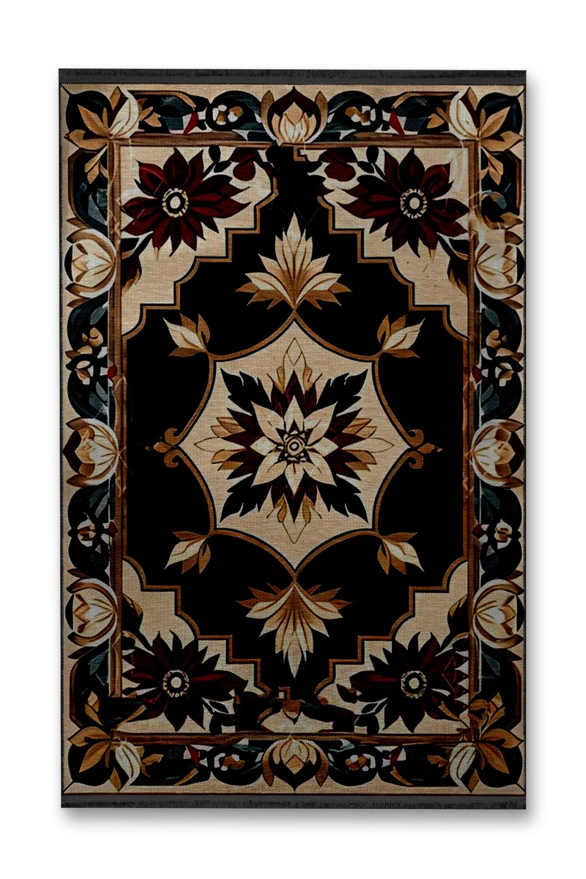 Koyu Tonlarda Antik Tasarım Serisi Bordo ve Bej Detaylı Desenli Vintage Dekoratif Halı antik40