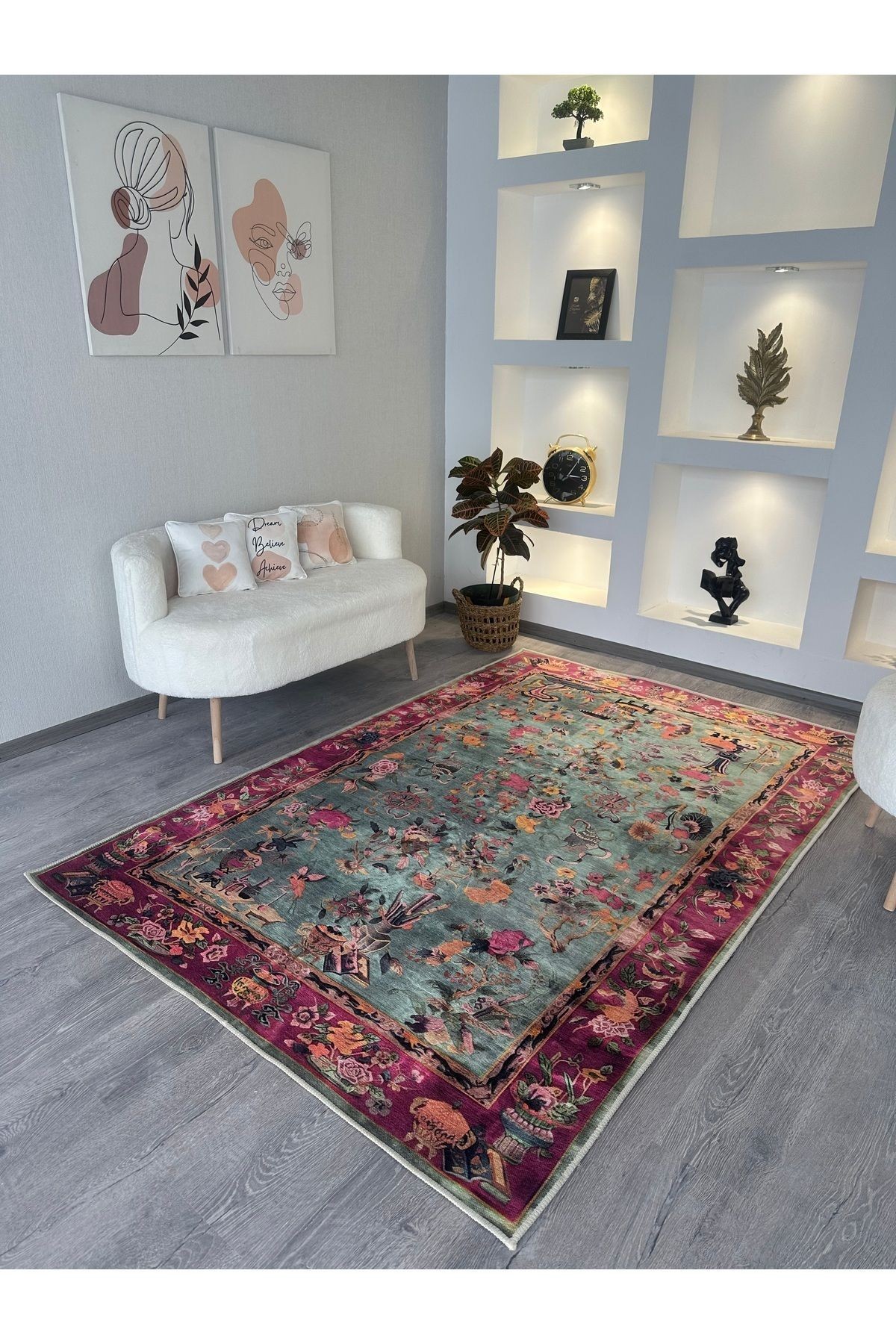 Mavi Pembe Temalı Floral Çiçek Desenli Vintage Dekoratif Halı 4844