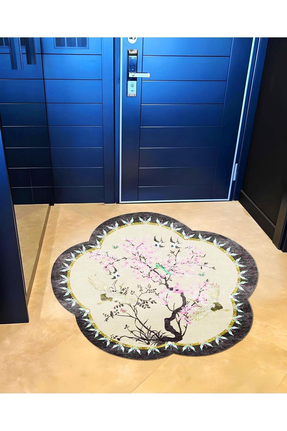 Güneş Koleksiyonu Sakura Çiçeği Desenli Yuvarlak Dokuma Taban Modern Dekoratif Halı günes32