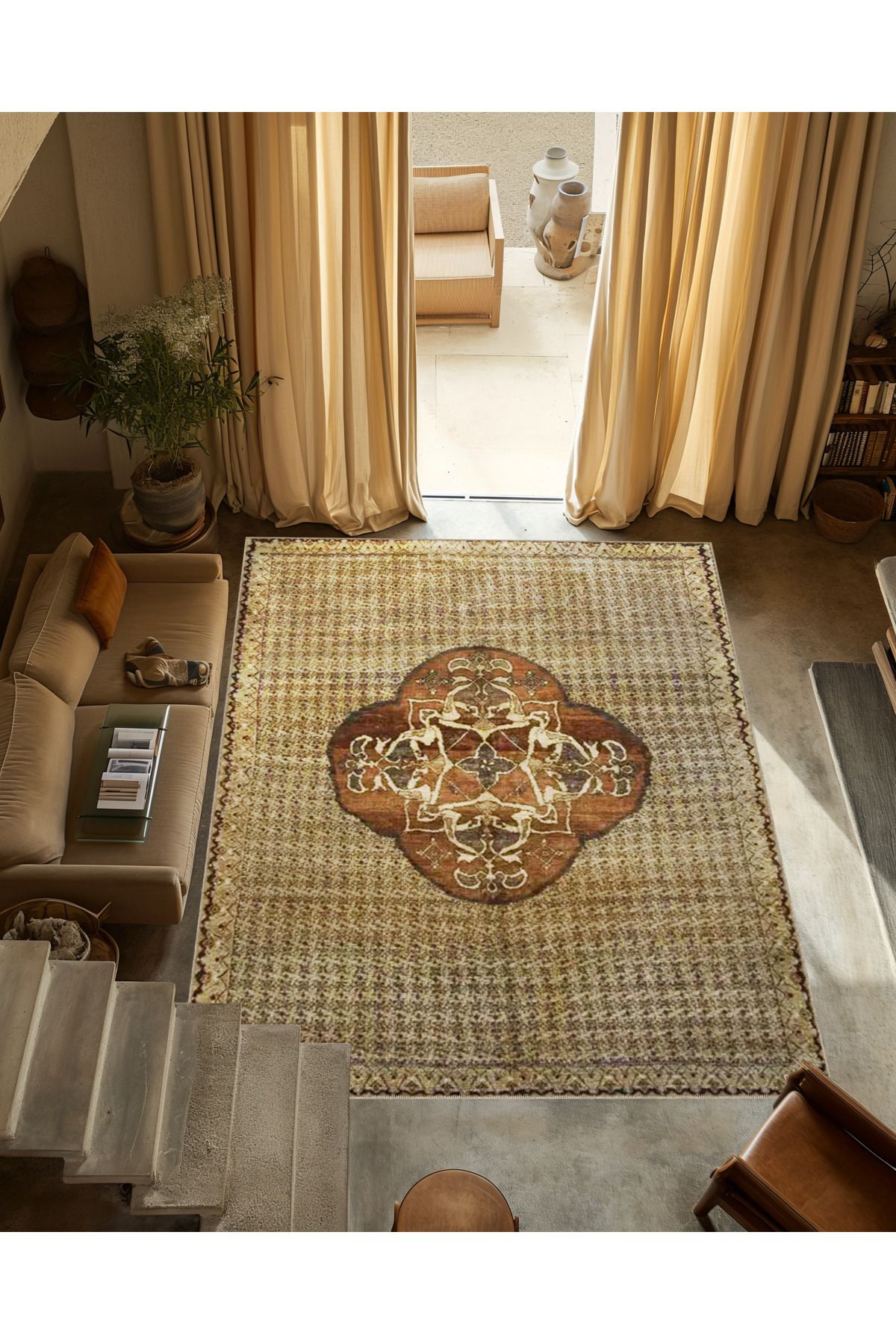 Kahverengi Temalı Geleneksel Motif Desenli Vintage Dekoratif Halı 3309