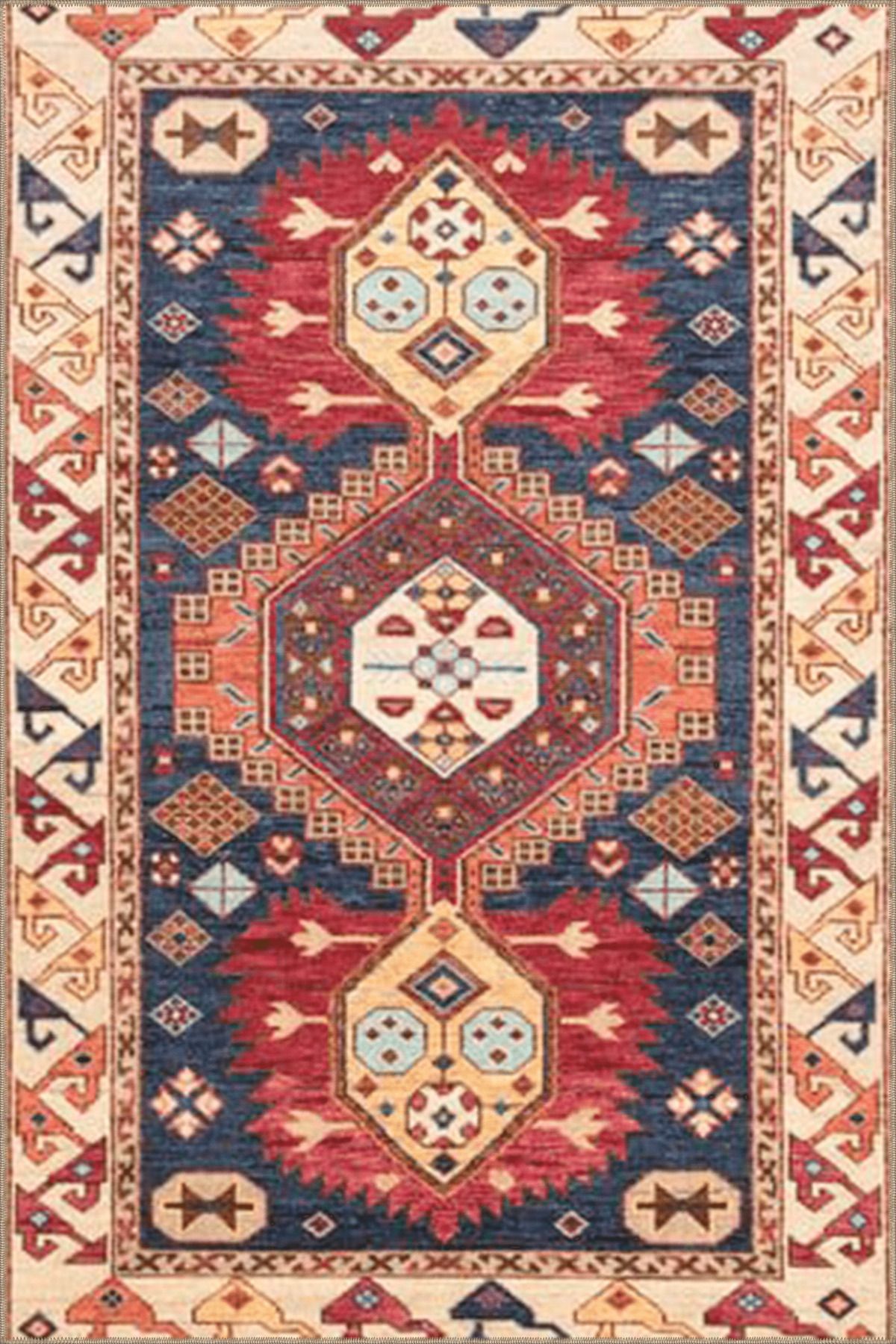 Lacivert Temalı Geleneksel Motif Desenli Etnik Vintage Dekoratif Halı 5016