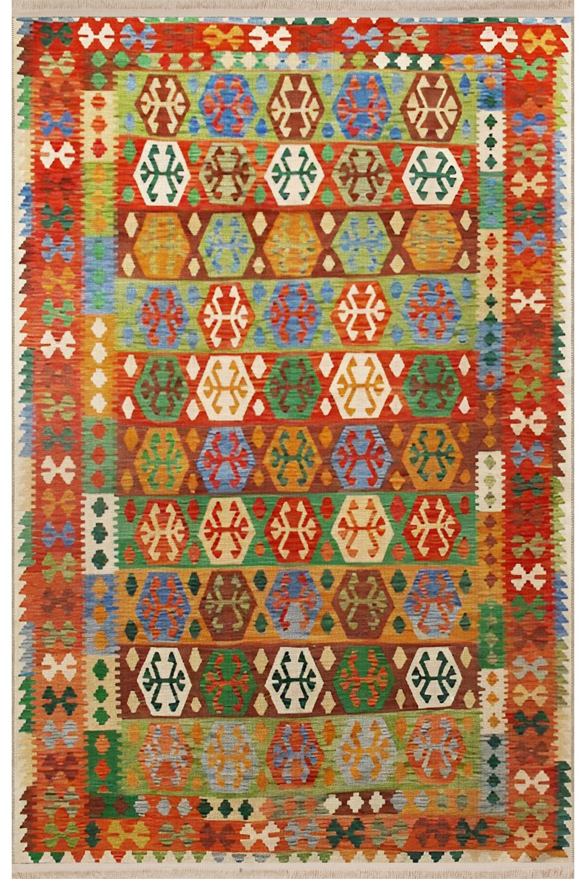Çok Renkli Geleneksel Motif Karma Şekil Desenli Vintage Dekoratif Halı 1969