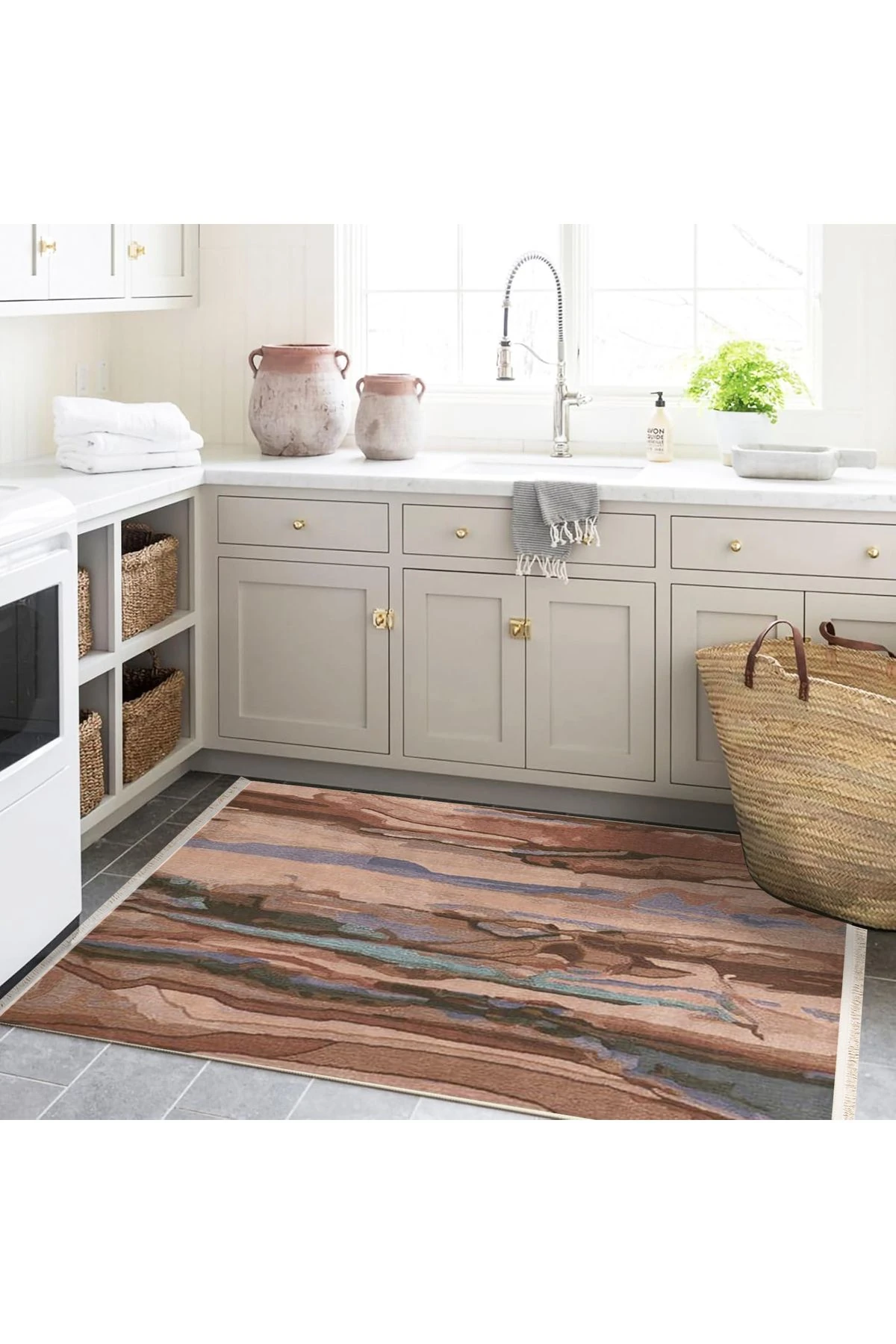 Kahverengi Tonlarda Soyut Desenli Dokuma Taban Dekoratif Halı Lina33