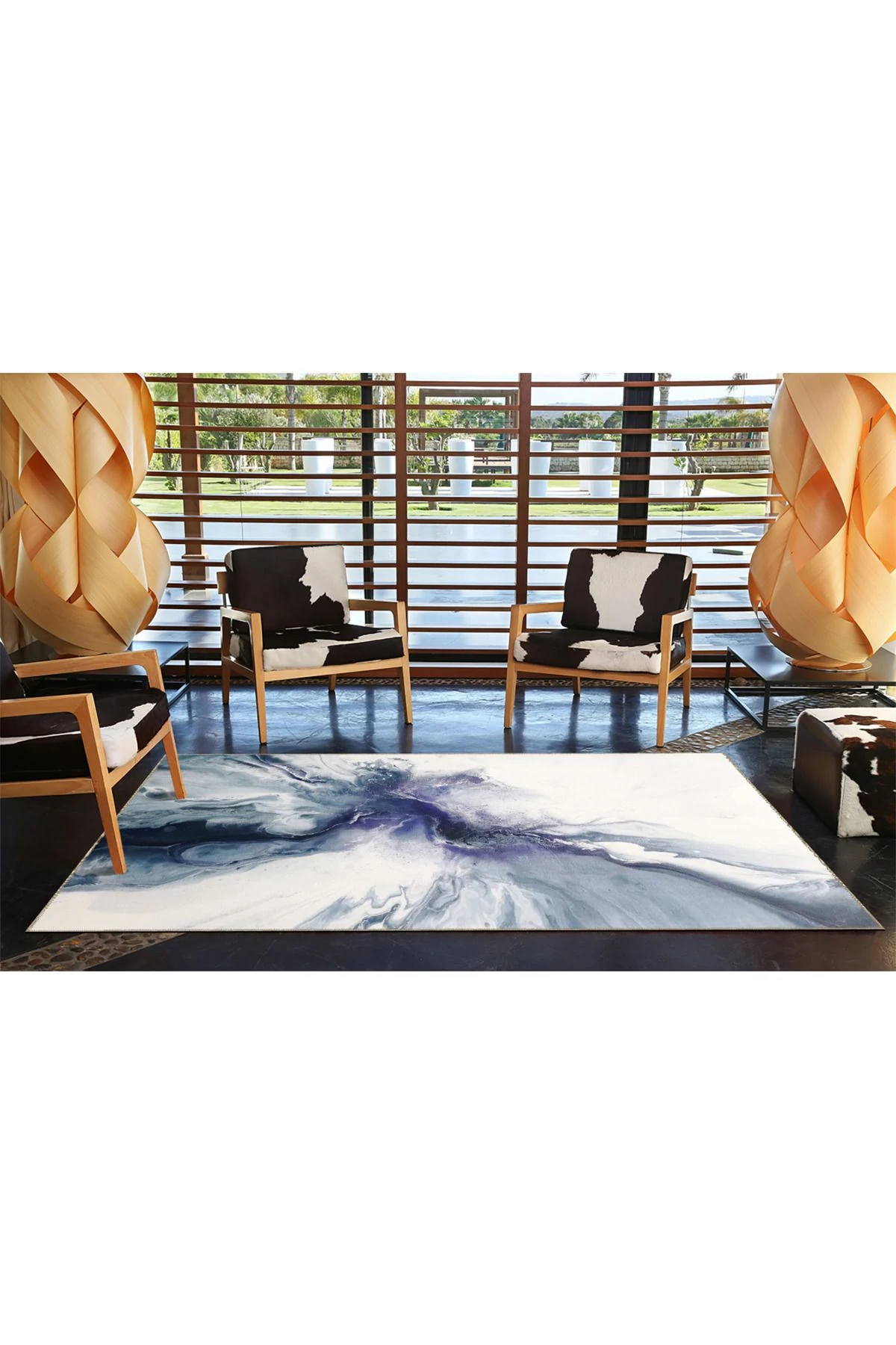 Modern Dumanlı Lacivert Temalı Desenli Dokuma Taban Yıkanabilir Halı miravip9186