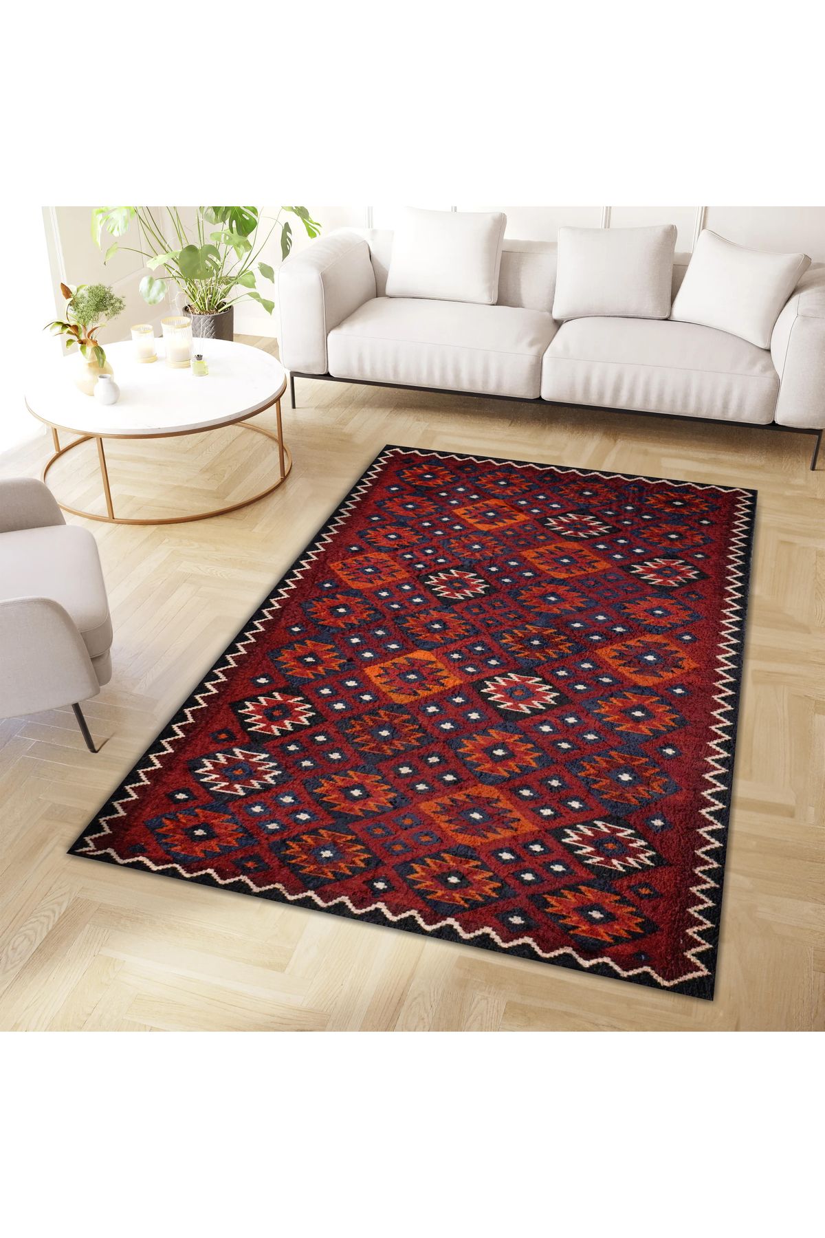 Asena Koleksiyonu Bordo Temalı Etnik Motifli ve Geleneksel Desenli Vintage Dekoratif Halı 03