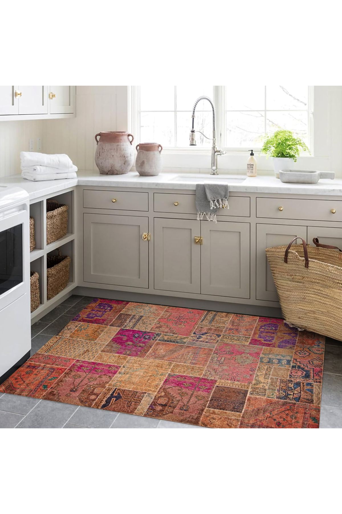 Cansu Koleksiyonu Patchwork Görünümlü Pembe Turuncu Tonlarda Dokuma Taban Dekoratif Halı cansu06