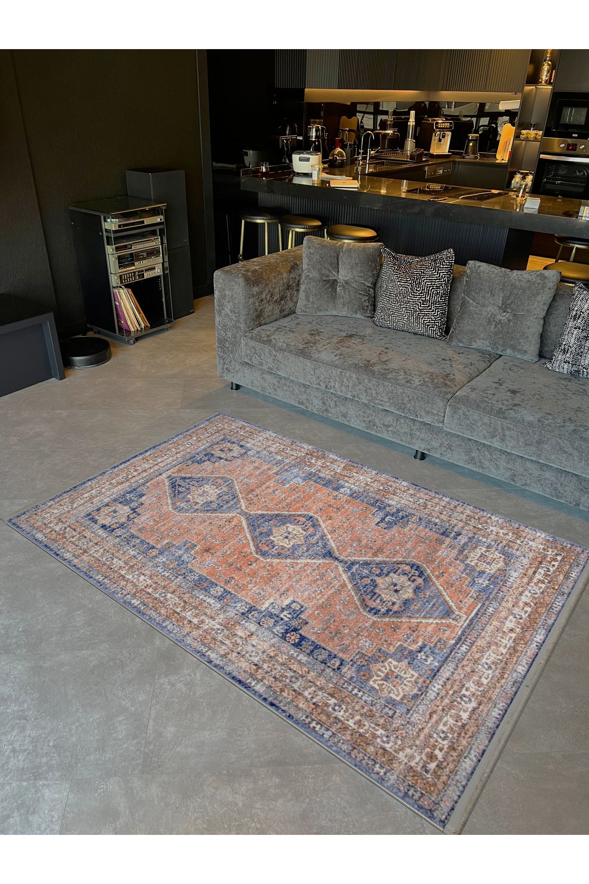 Güney Koleksiyonu Turuncu Mavi Tema Geleneksel Desenli Vintage Dekoratif Halı 18