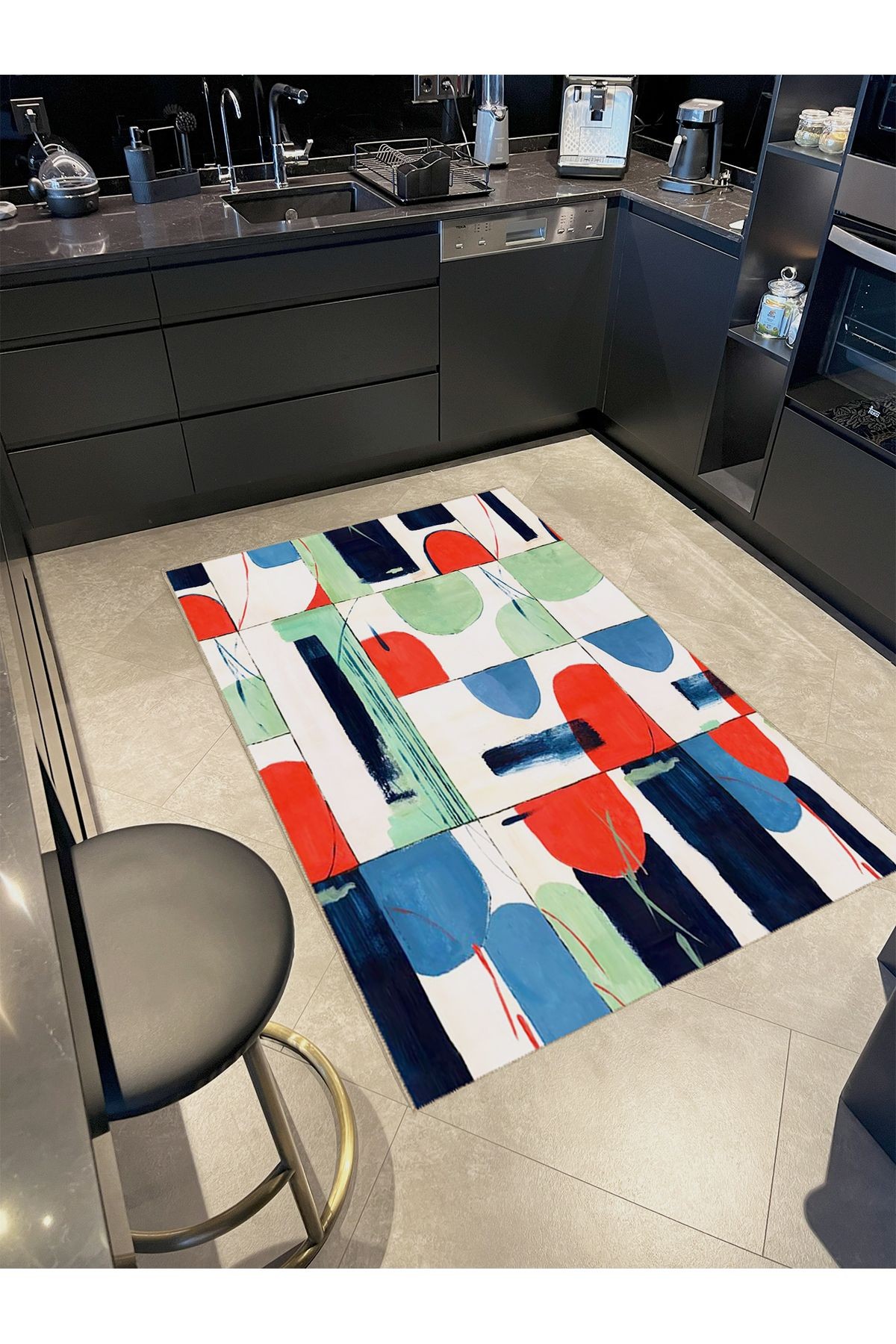 Seda Koleksiyonu Yeşil Kırmızı Mavi Soyut  Desenli Dokuma Taban Modern Dekoratif Halı seda27