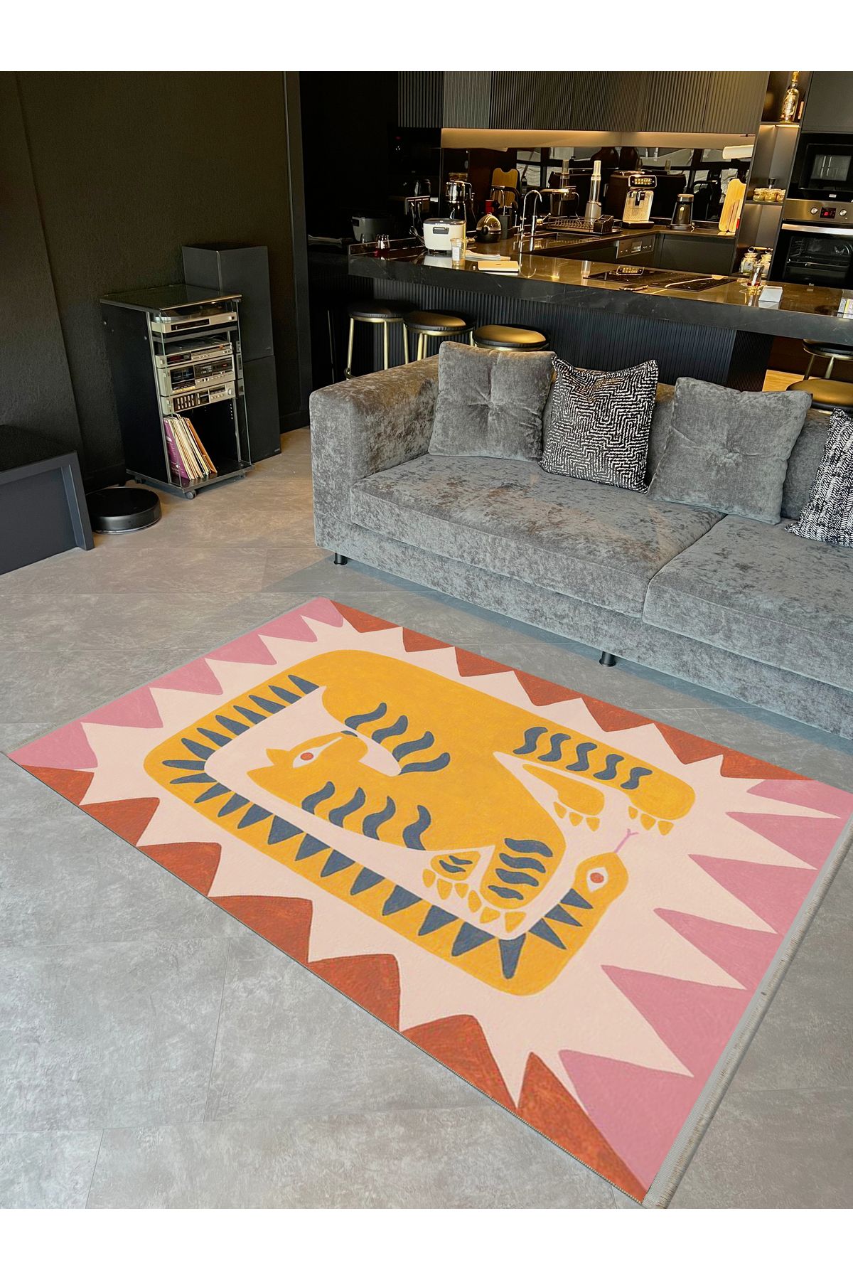 Yılmaz Koleksiyonu Sarı Tonlarda İç İçe Yılan ve Kaplan Desenli Kreatif Modern Dekoratif Halı 12