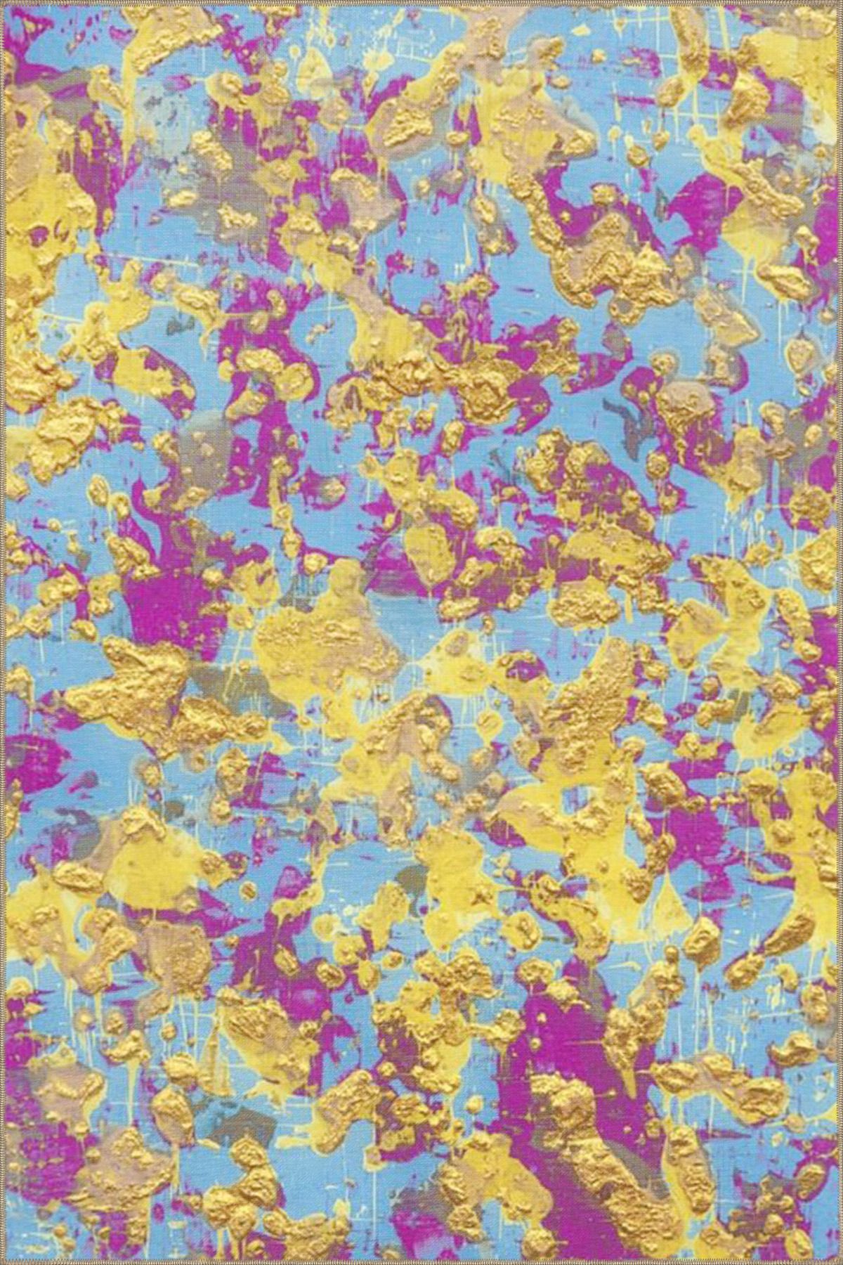 Sarı Mor Boyalı Dokuma Taban Yıkanabilir Halı miravip8909