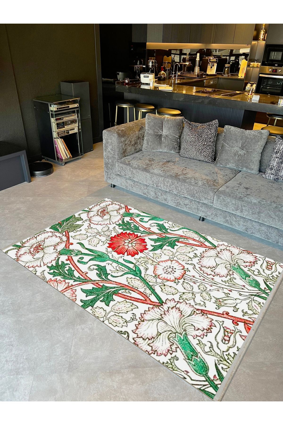 Asena Koleksiyonu Yeşil Bej Temalı Floral Gül Desenli Kreatif Modern Dekoratif Halı 36