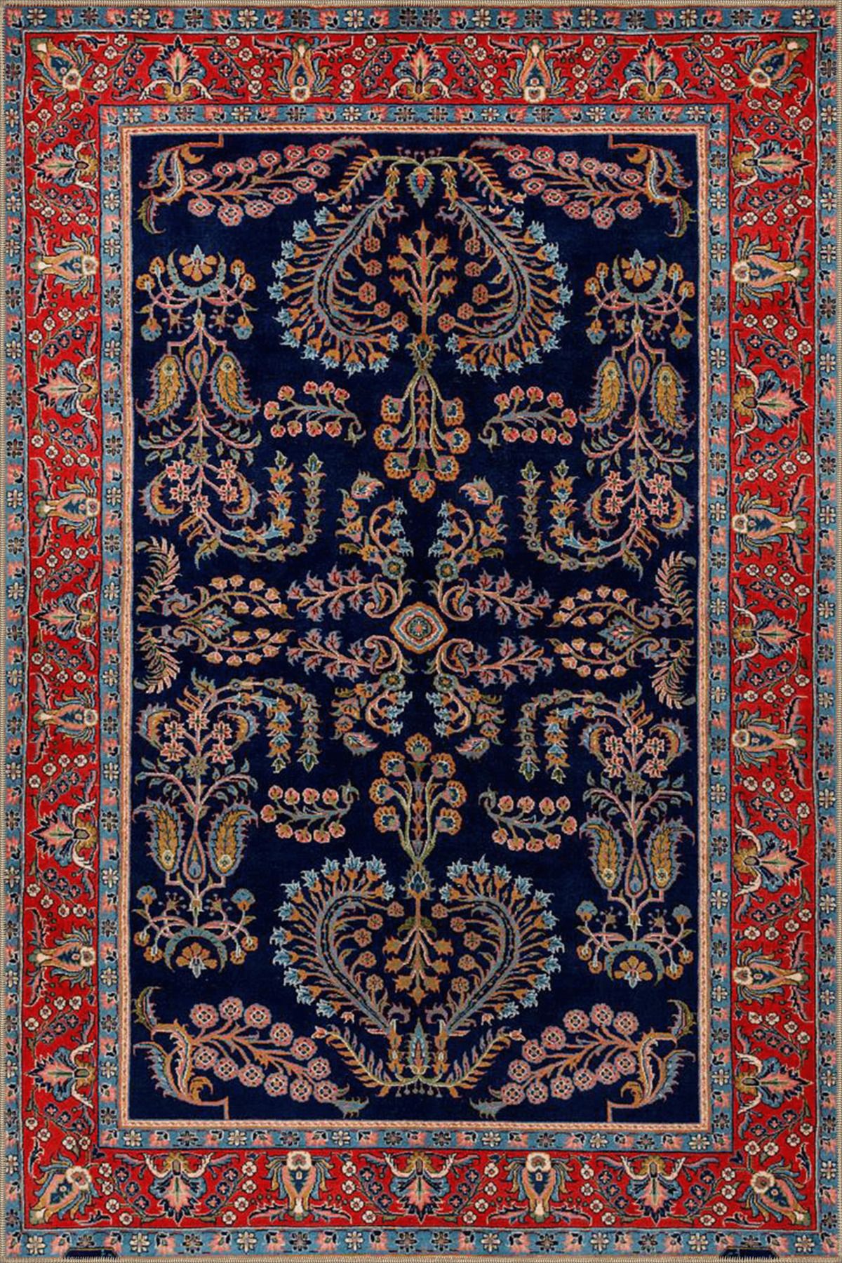 Lacivert Temalı Geleneksel Motif Çiçek Desenli Vintage Dekoratif Halı 4794