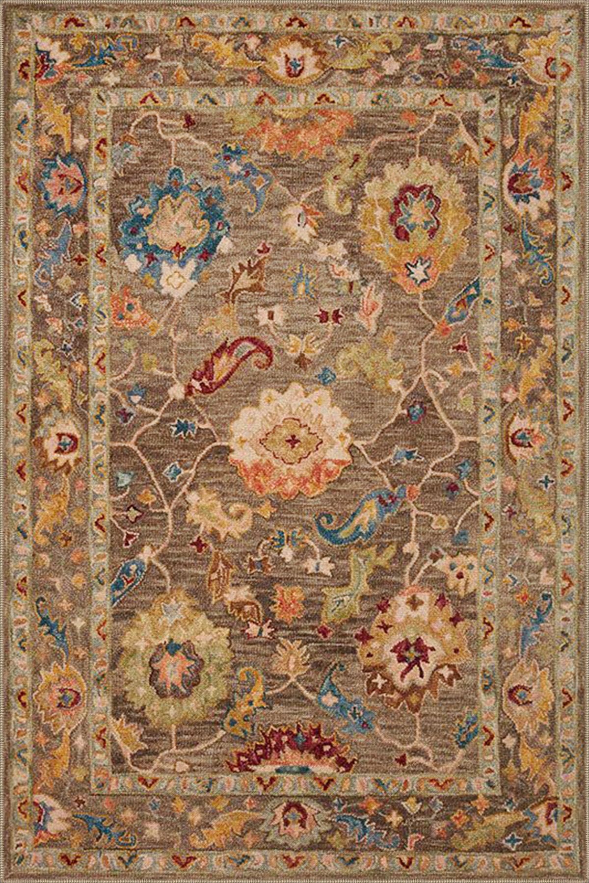 Bej Kahve Temalı Motifli Etnik Çiçek Desenli Vintage Dekoratif Halı 4561