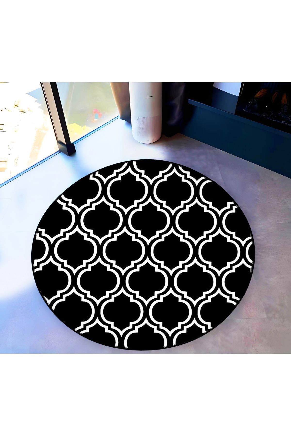 Mira Yuvarlak Siyah Beyaz Geometrik Desenli Dokuma Taban Dekoratif Halı 5739
